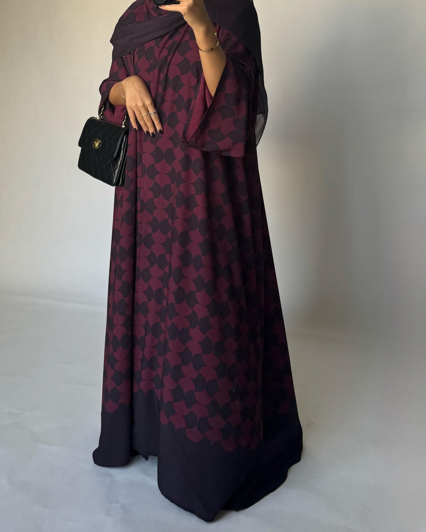 A282 - Shades of Burgundy/ Maroon Half Bisht Pattern Abaya & Matching Head Scarf