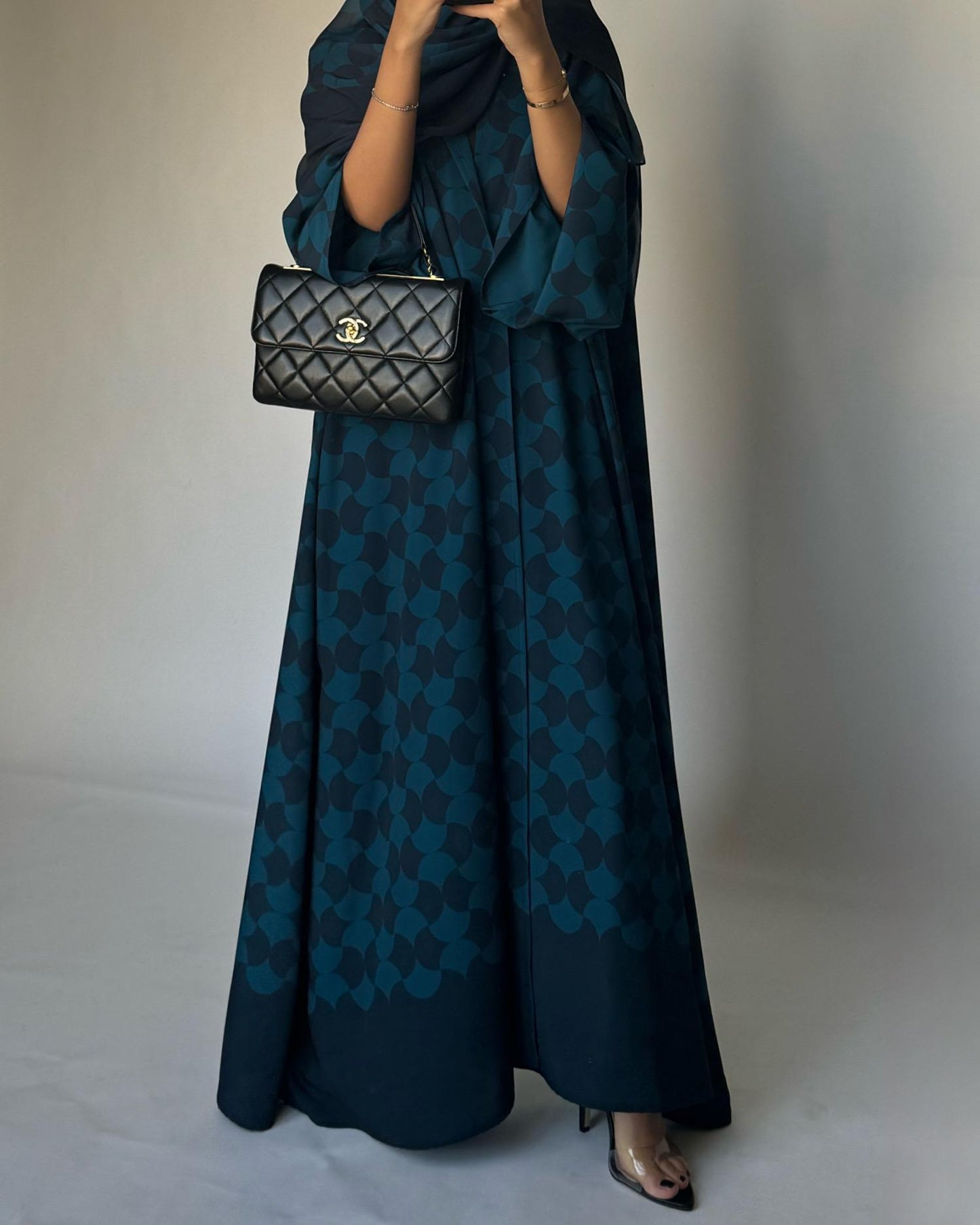 A281 - Shades of  Blue Half Bisht Pattern Abaya & Matching Head Scarf