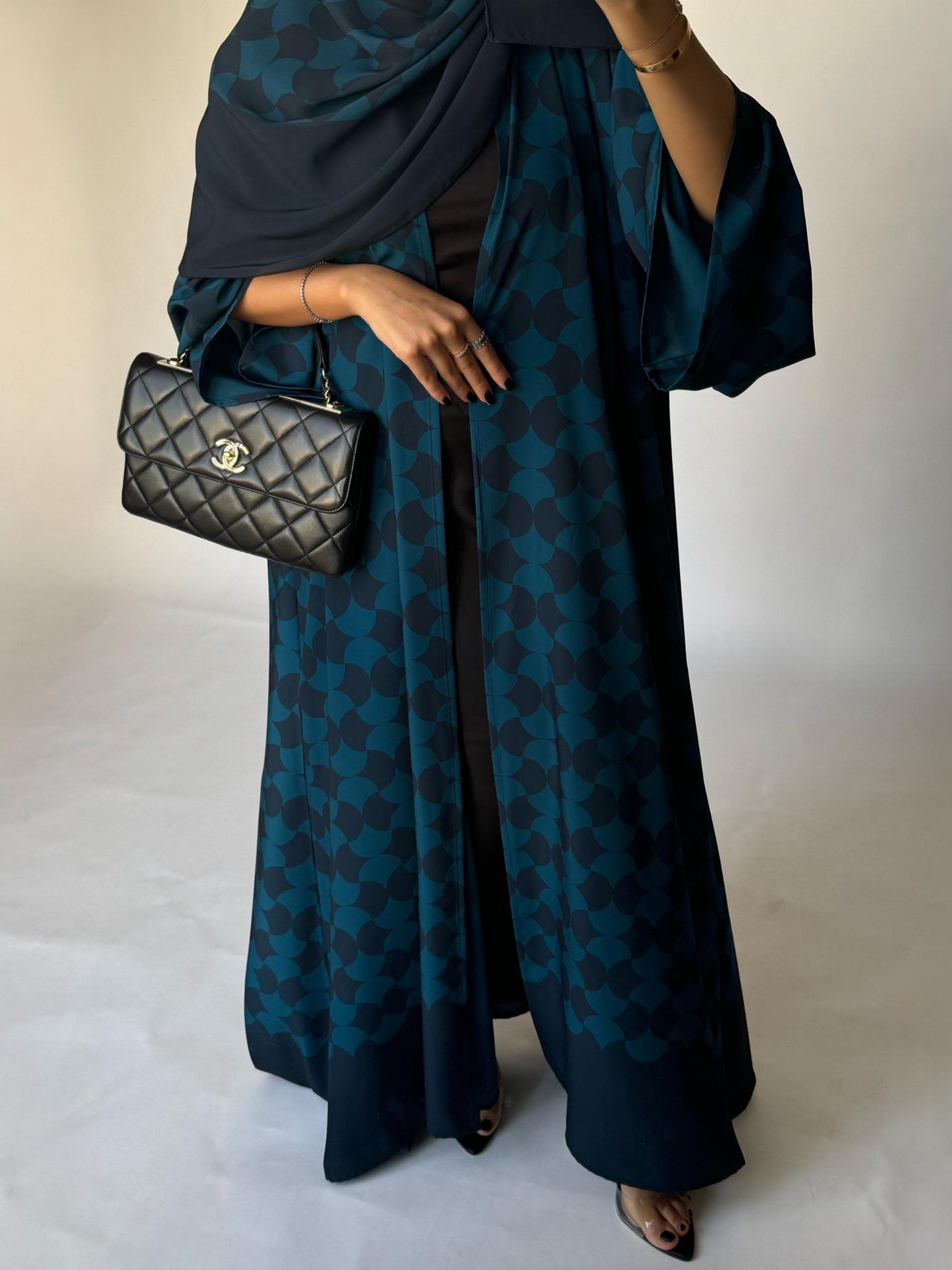 A281 - Shades of  Blue Half Bisht Pattern Abaya & Matching Head Scarf