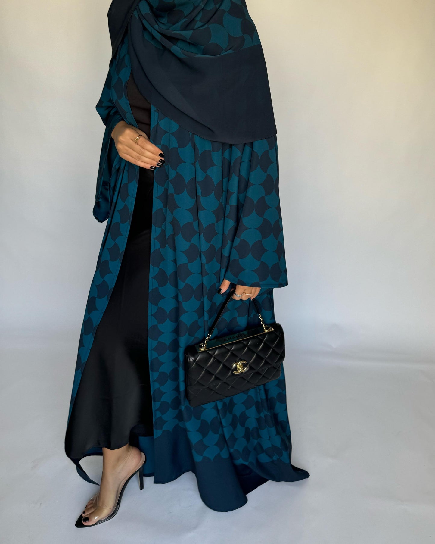 A281 - Shades of  Blue Half Bisht Pattern Abaya & Matching Head Scarf