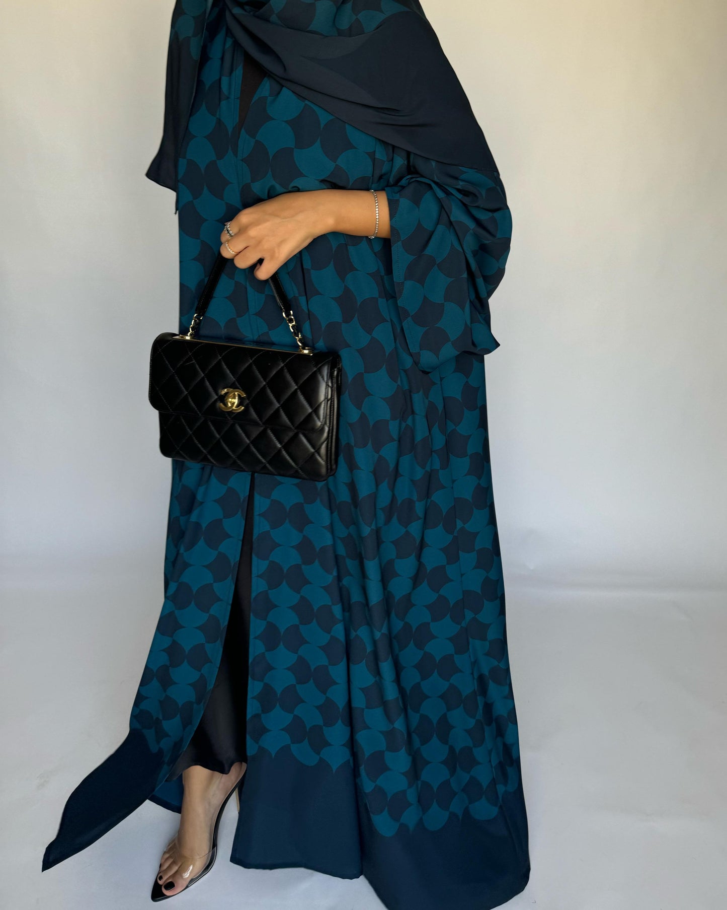 A281 - Shades of  Blue Half Bisht Pattern Abaya & Matching Head Scarf