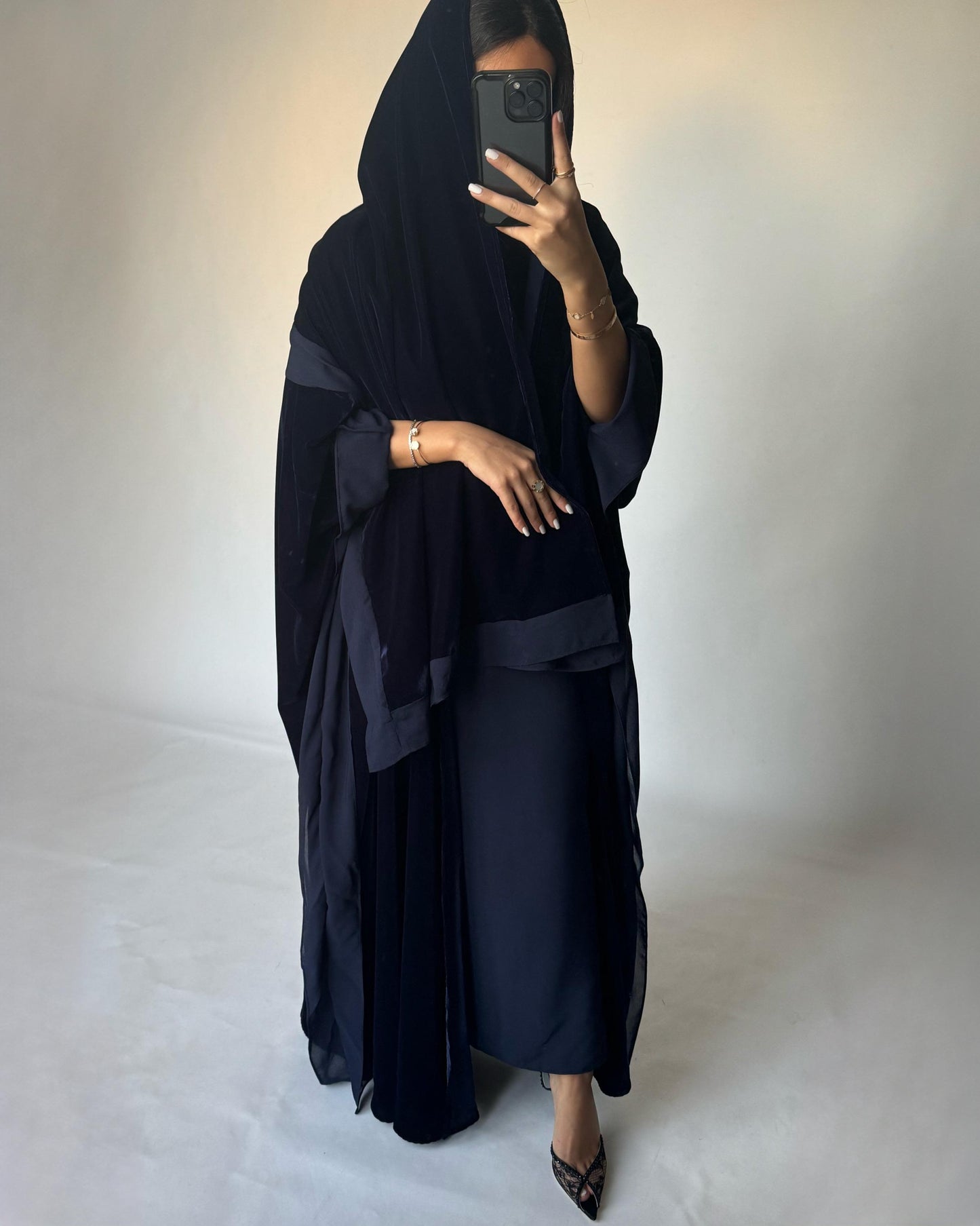 A137 - Navy Blue Velvet Abaya, Velvet Head Scarf & Chiffon Dress