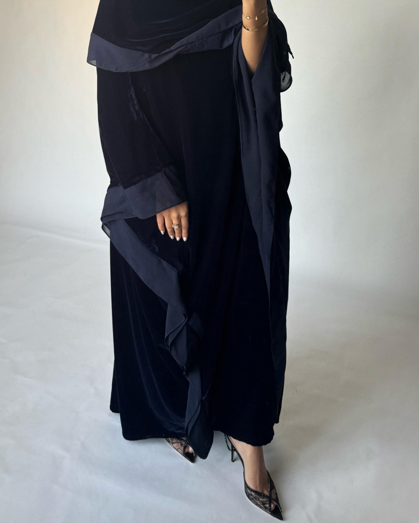 A137 - Navy Blue Velvet Abaya, Velvet Head Scarf & Chiffon Dress