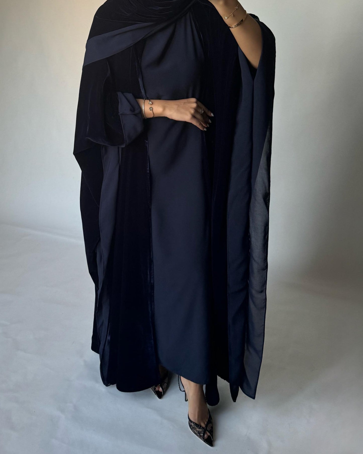 A137 - Navy Blue Velvet Abaya, Velvet Head Scarf & Chiffon Dress