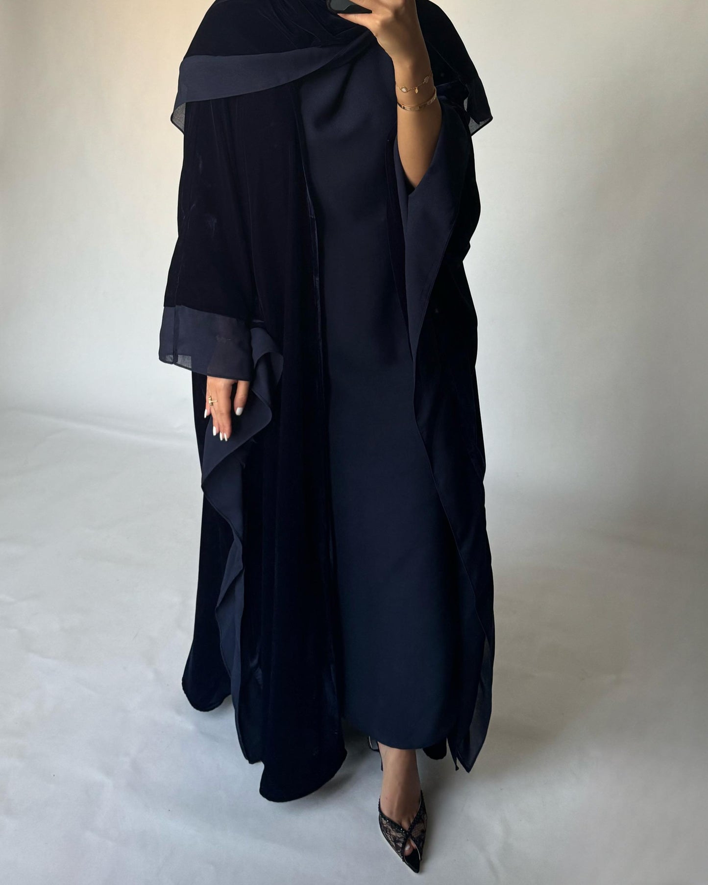 A137 - Navy Blue Velvet Abaya, Velvet Head Scarf & Chiffon Dress