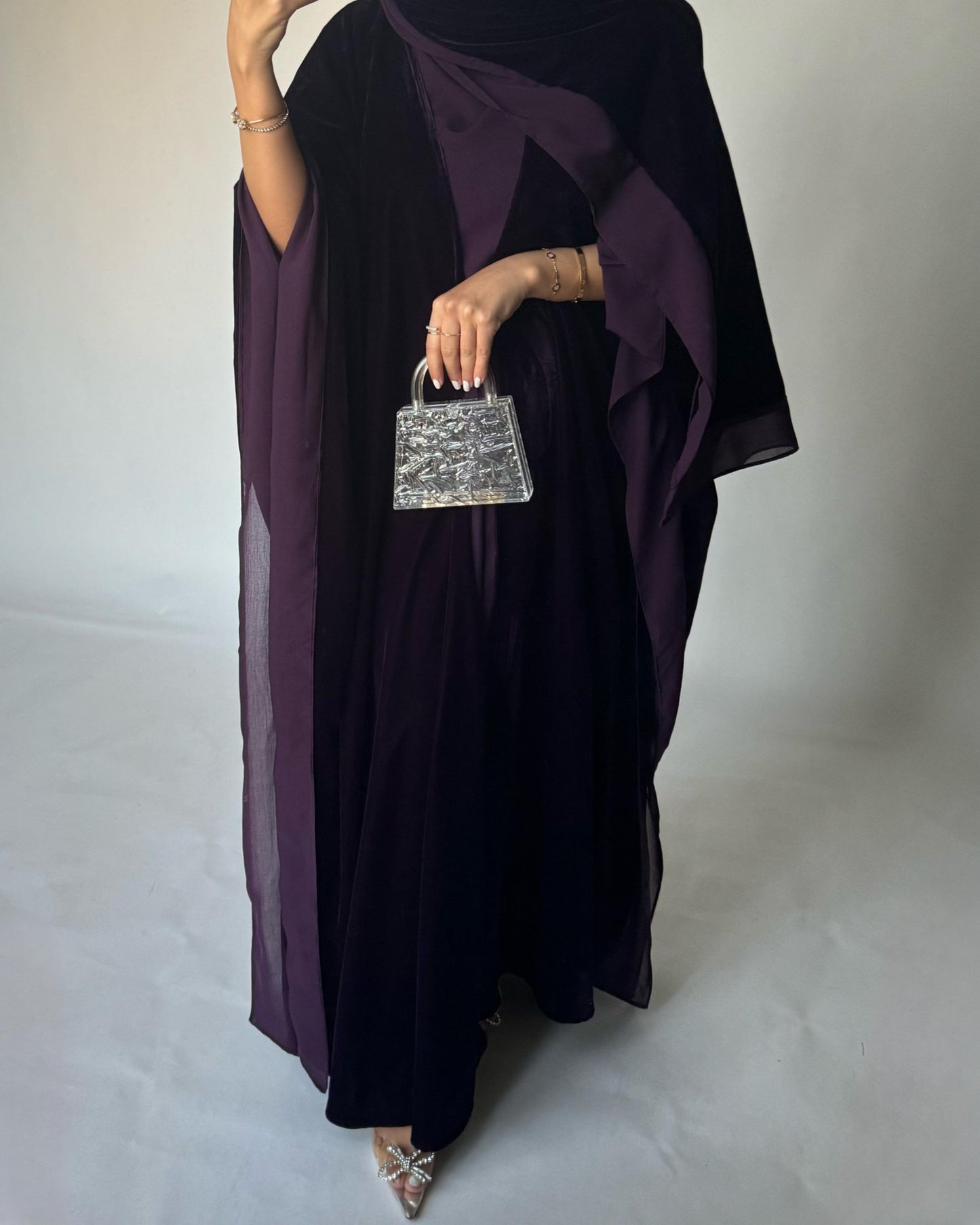 A294 - Purple Velvet Abaya, Velvet Head Scarf & Chiffon Dress