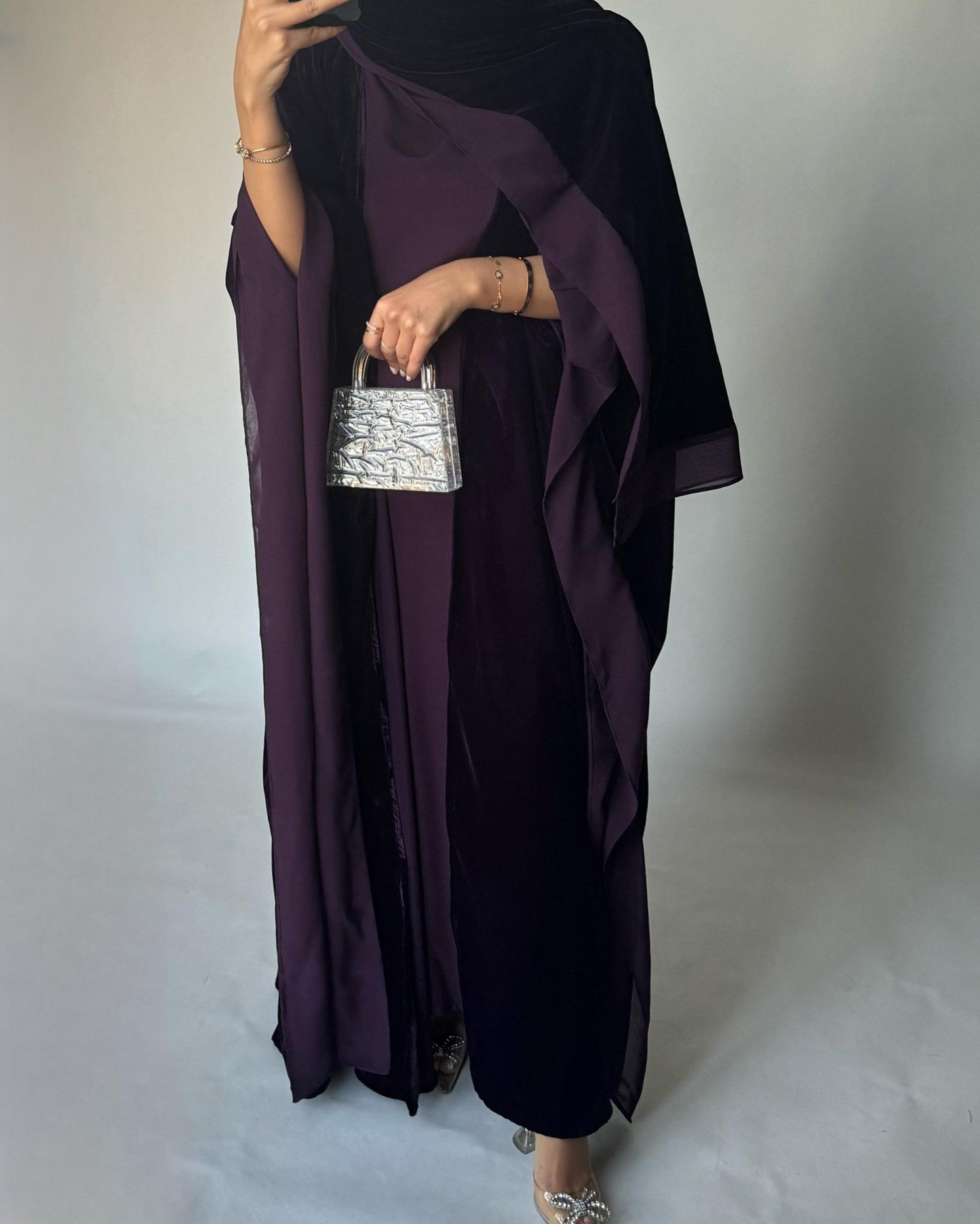 A294 - Purple Velvet Abaya, Velvet Head Scarf & Chiffon Dress