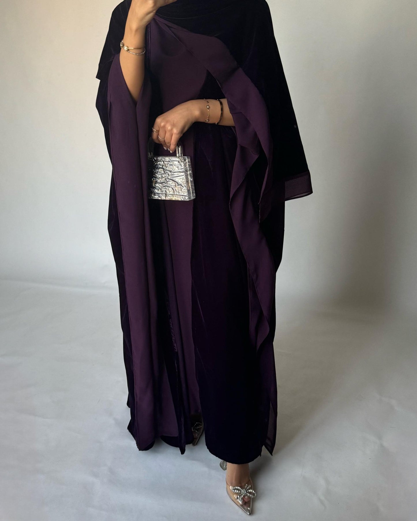 A294 - Purple Velvet Abaya, Velvet Head Scarf & Chiffon Dress