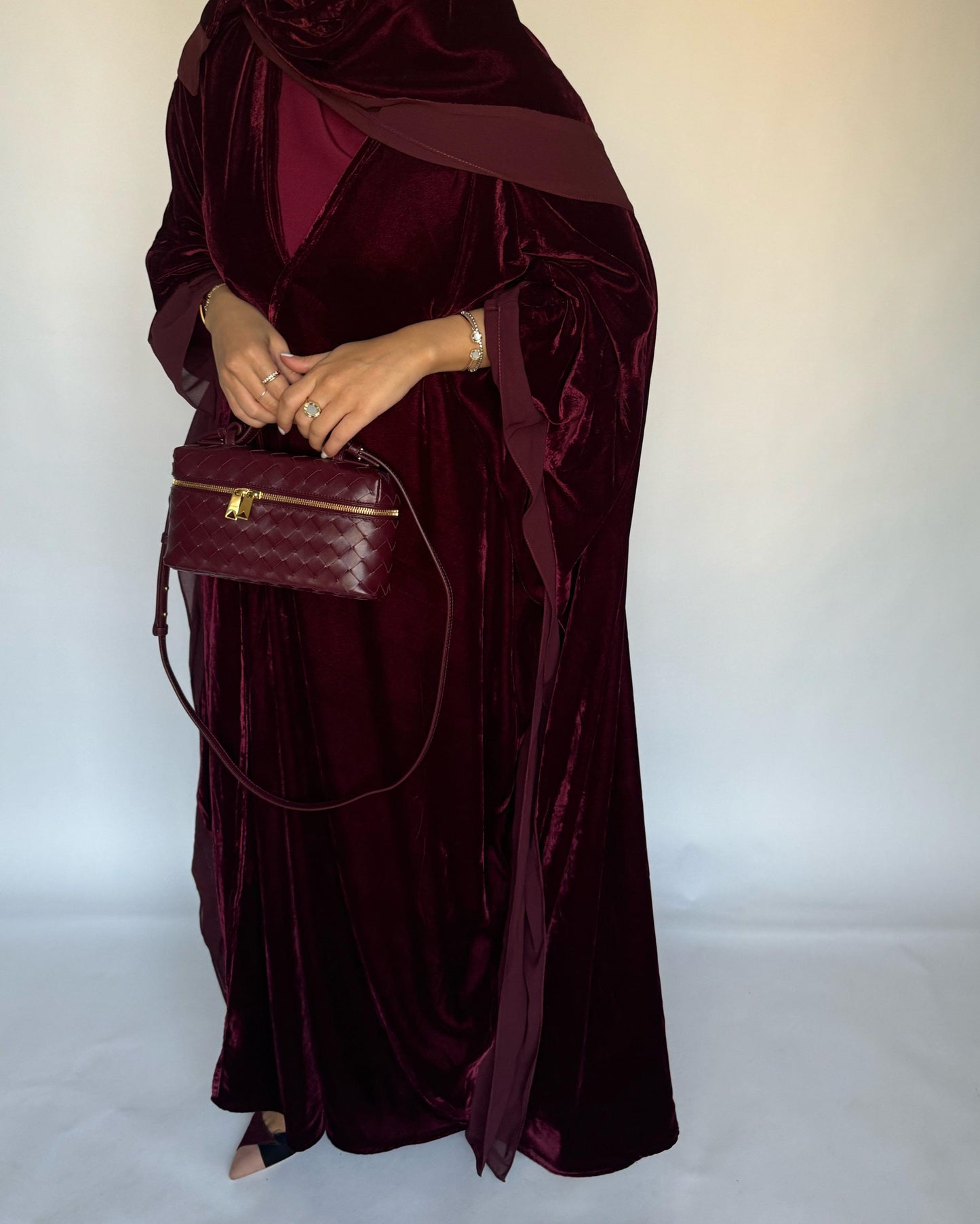 A138 - Maroon Burgandy Velvet Abaya, Velvet Head Scarf & Chiffon Dress