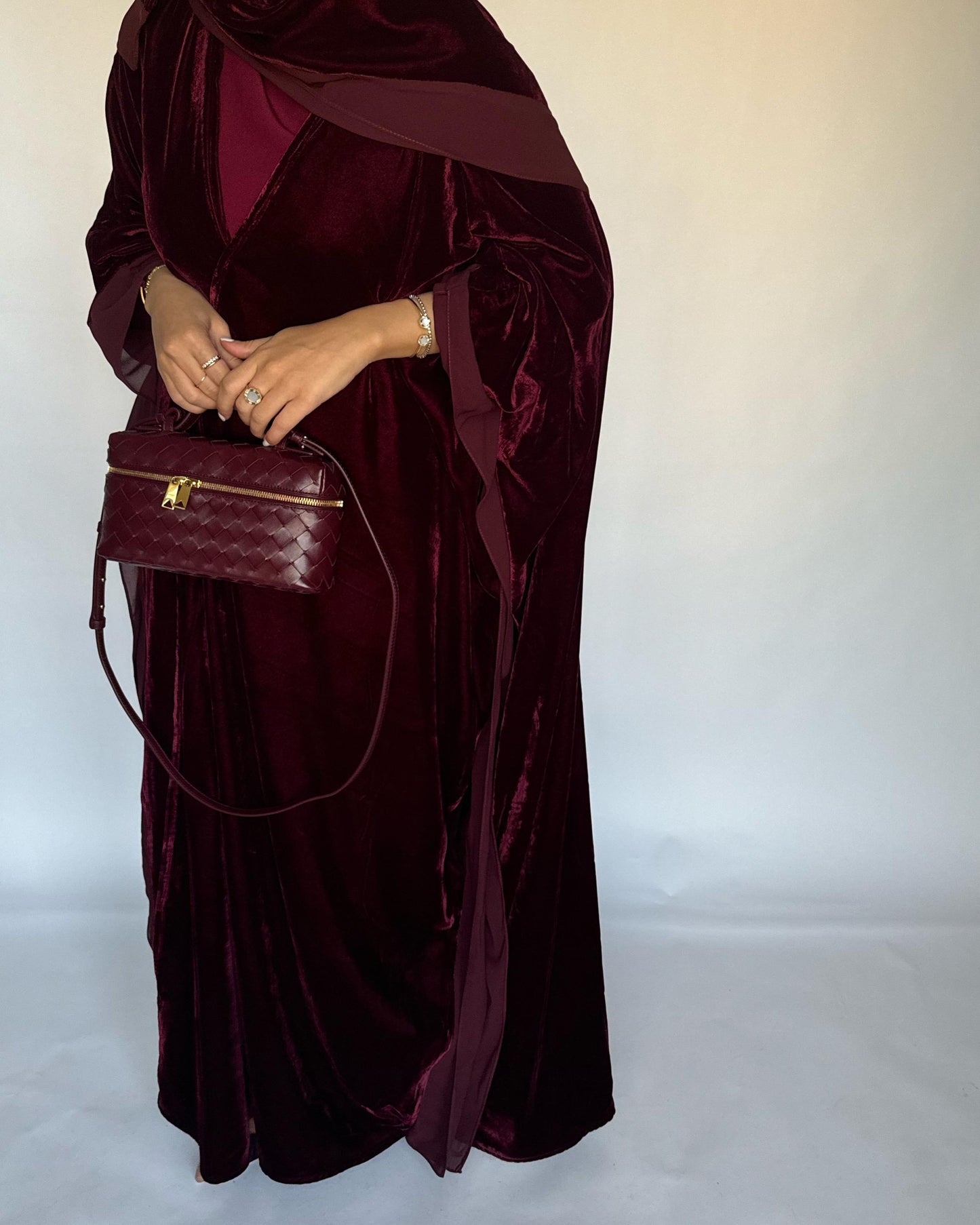 A138 - Maroon Burgandy Velvet Abaya, Velvet Head Scarf & Chiffon Dress