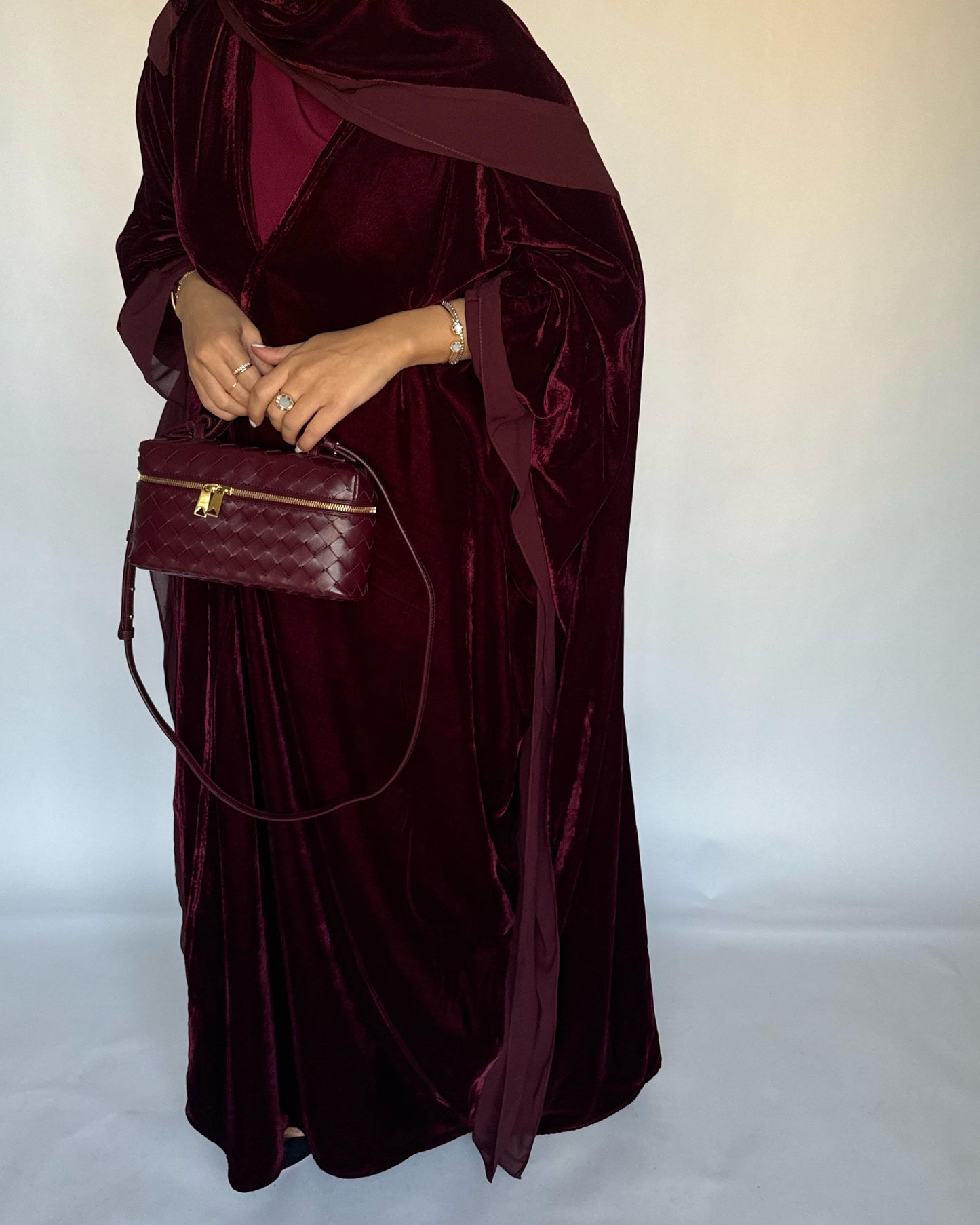 A138 - Maroon Burgandy Velvet Abaya, Velvet Head Scarf & Chiffon Dress