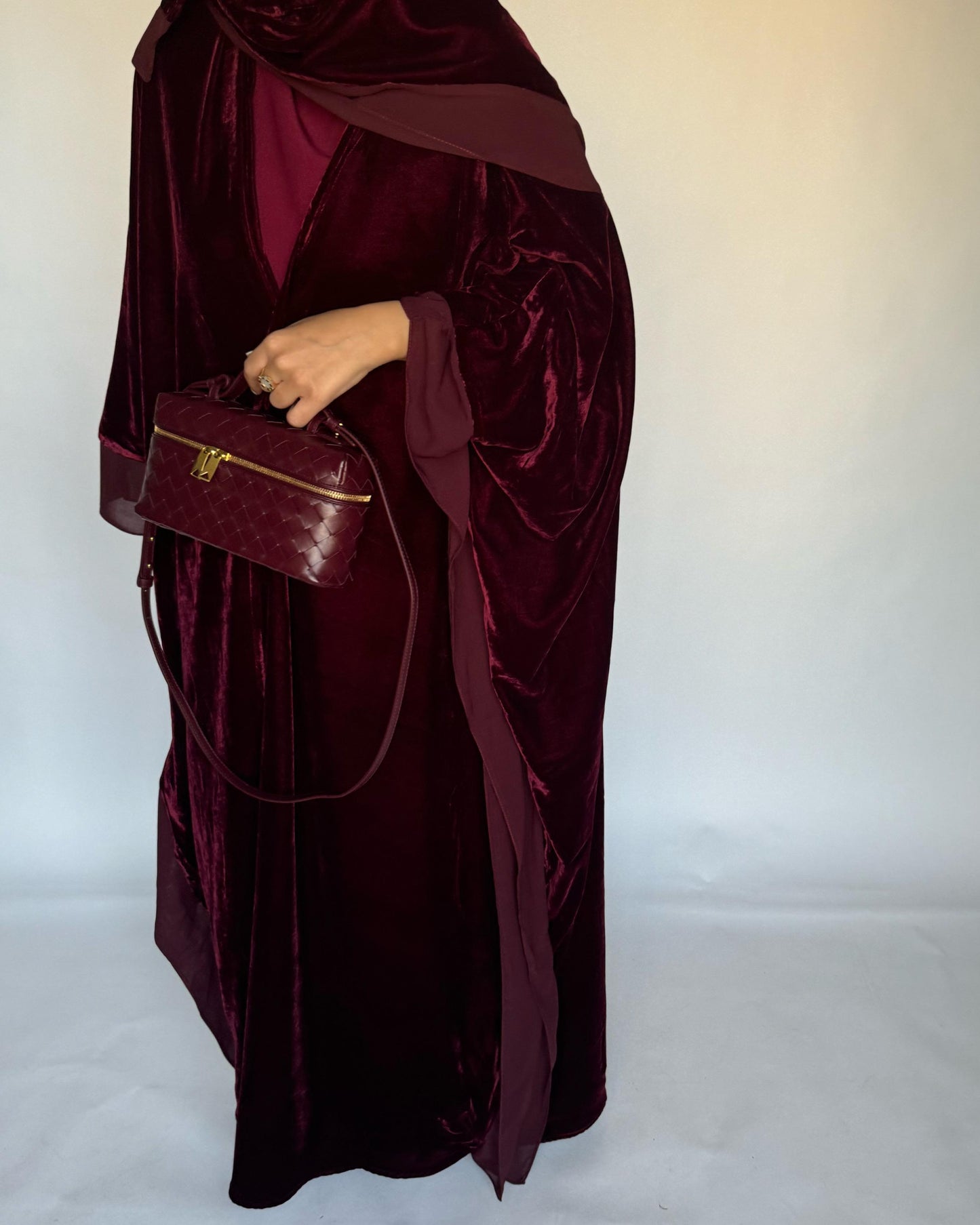 A138 - Maroon Burgandy Velvet Abaya, Velvet Head Scarf & Chiffon Dress