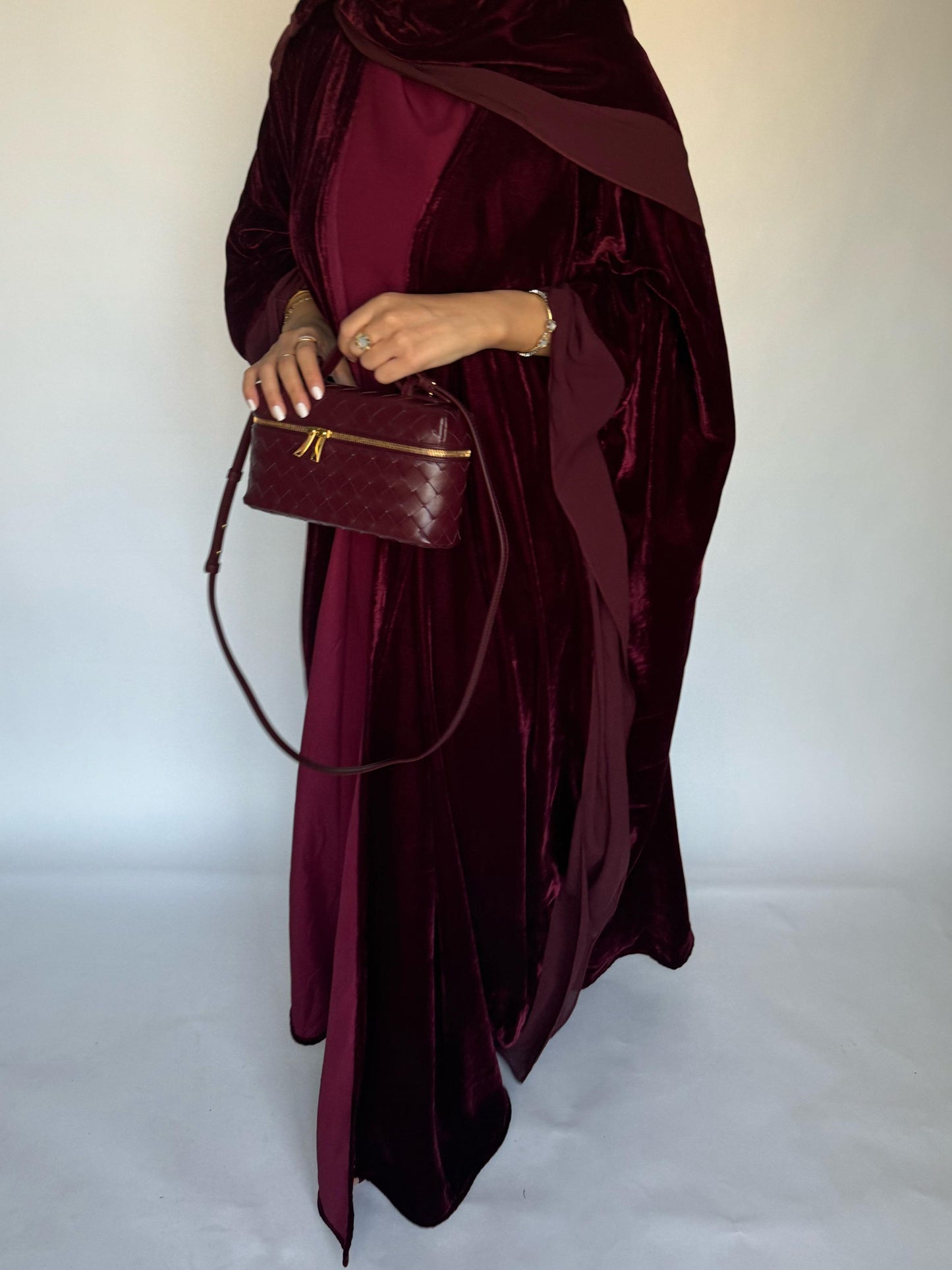 A138 - Maroon Burgandy Velvet Abaya, Velvet Head Scarf & Chiffon Dress