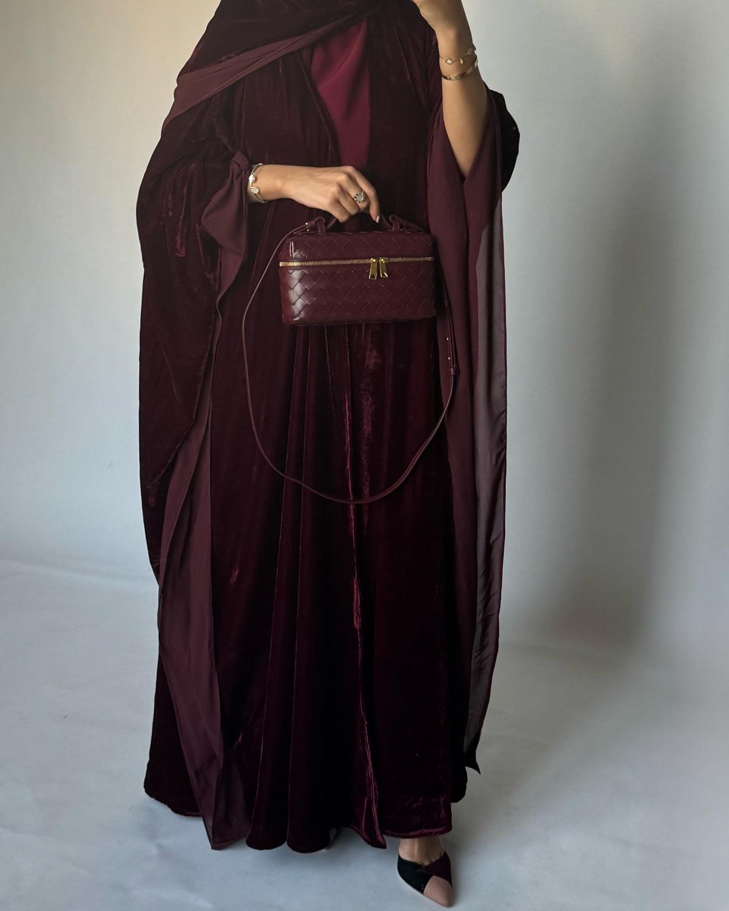 A138 - Maroon Burgandy Velvet Abaya, Velvet Head Scarf & Chiffon Dress