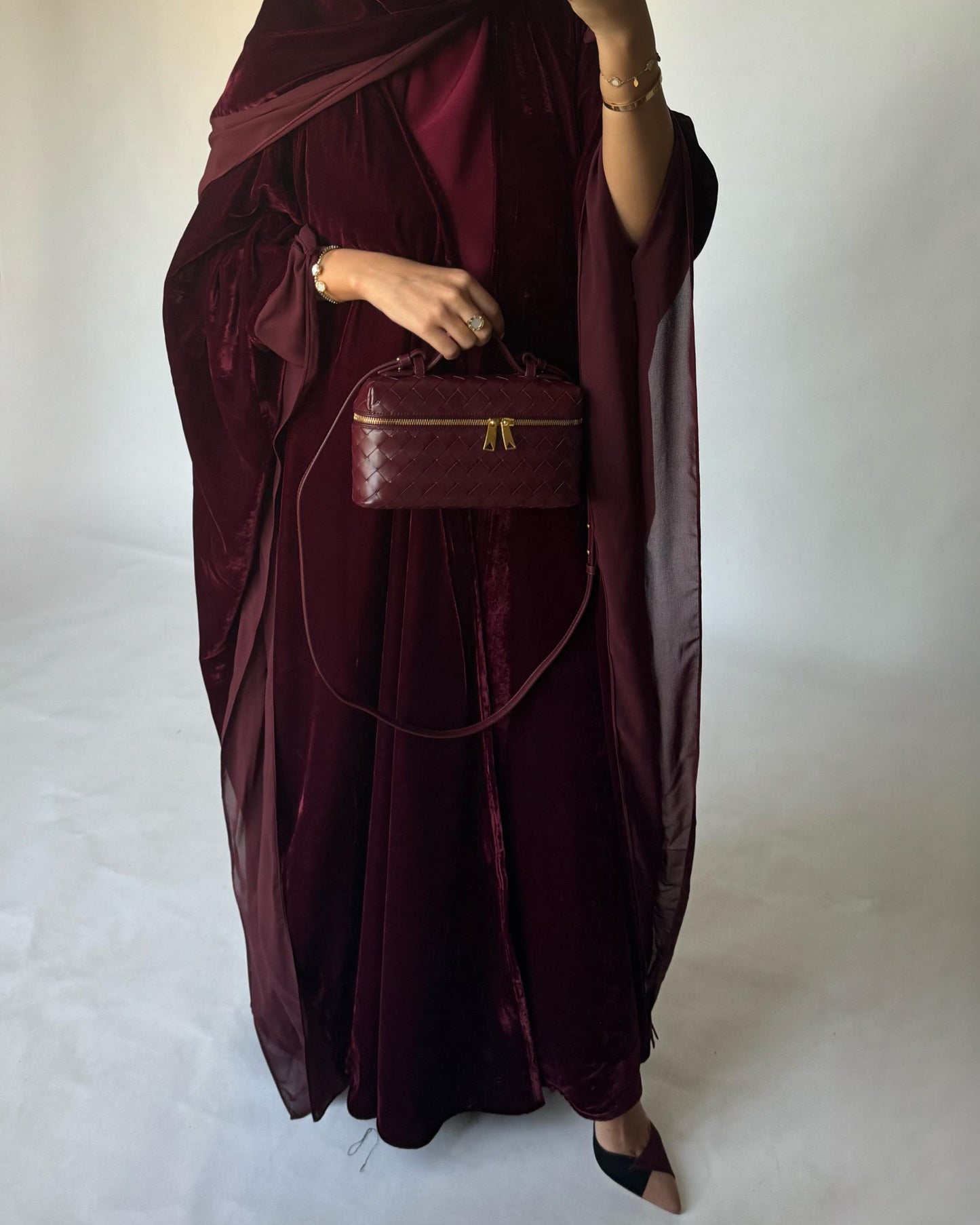 A138 - Maroon Burgandy Velvet Abaya, Velvet Head Scarf & Chiffon Dress