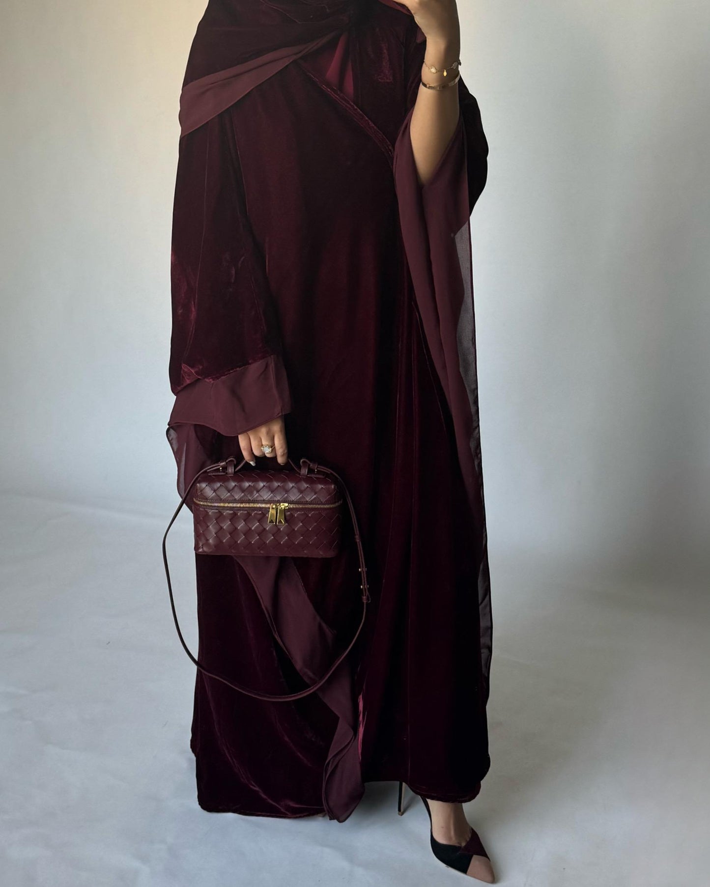 A138 - Maroon Burgandy Velvet Abaya, Velvet Head Scarf & Chiffon Dress