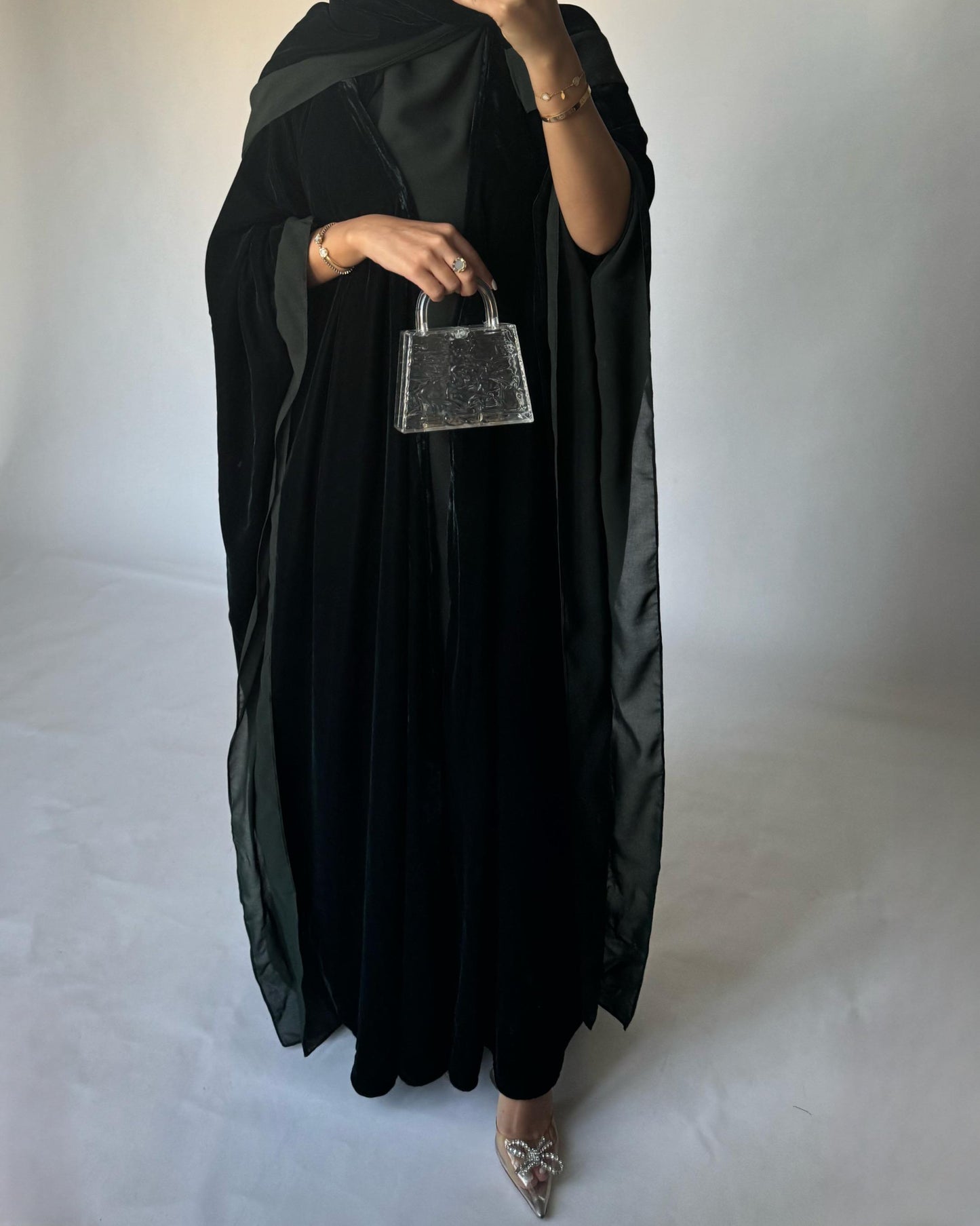 A139 - Green Velvet Abaya, Velvet Head Scarf & Chiffon Dress