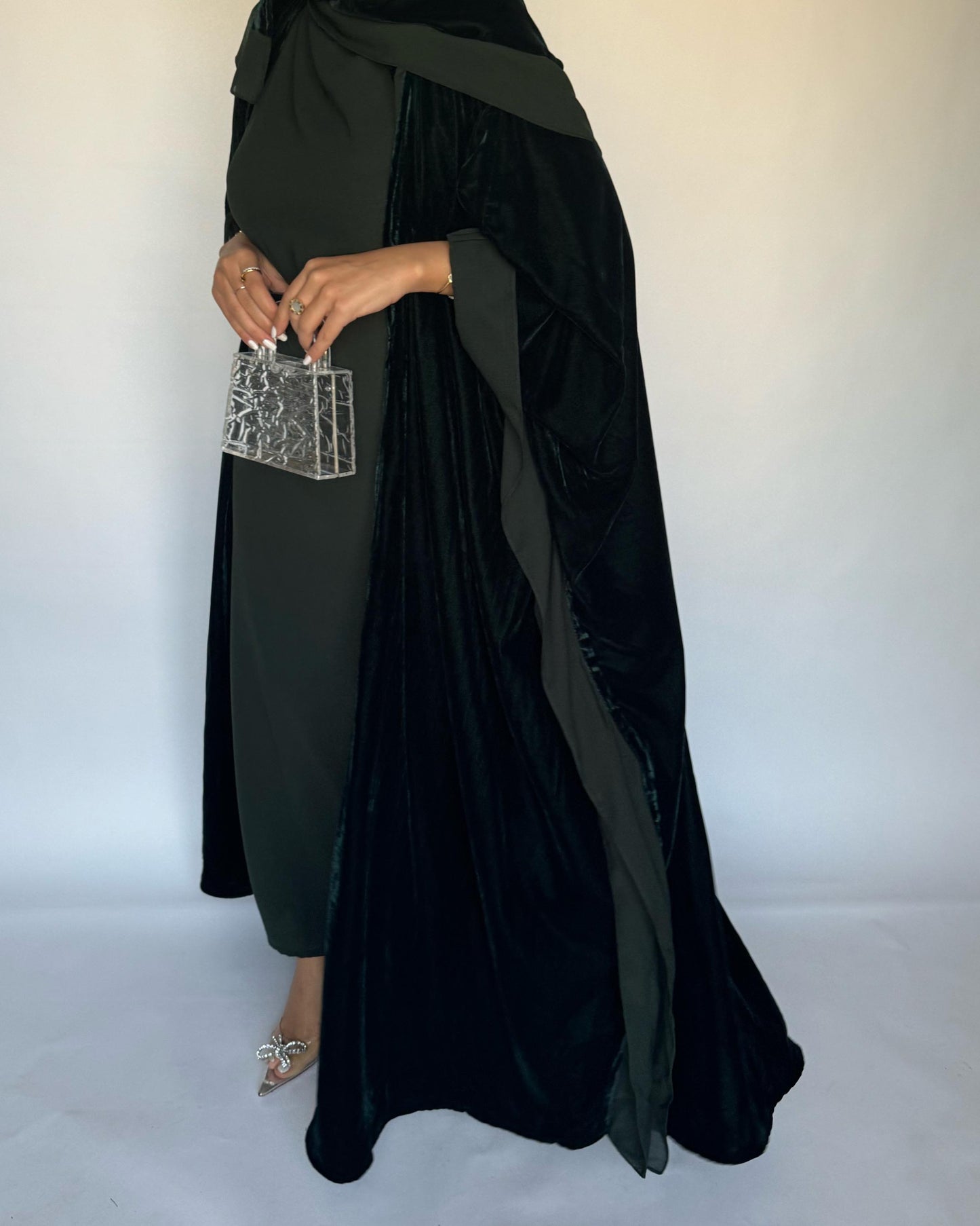 A139 - Green Velvet Abaya, Velvet Head Scarf & Chiffon Dress