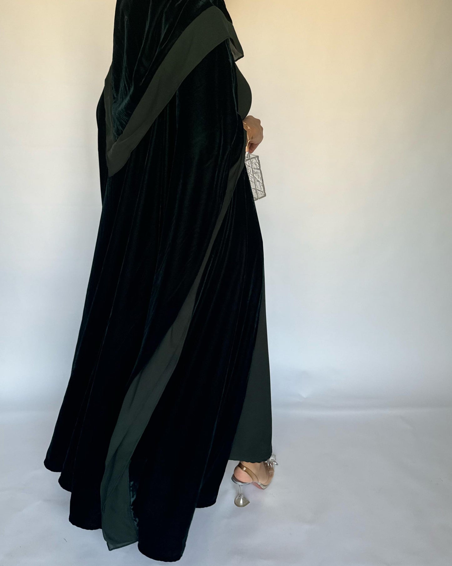 A139 - Green Velvet Abaya, Velvet Head Scarf & Chiffon Dress