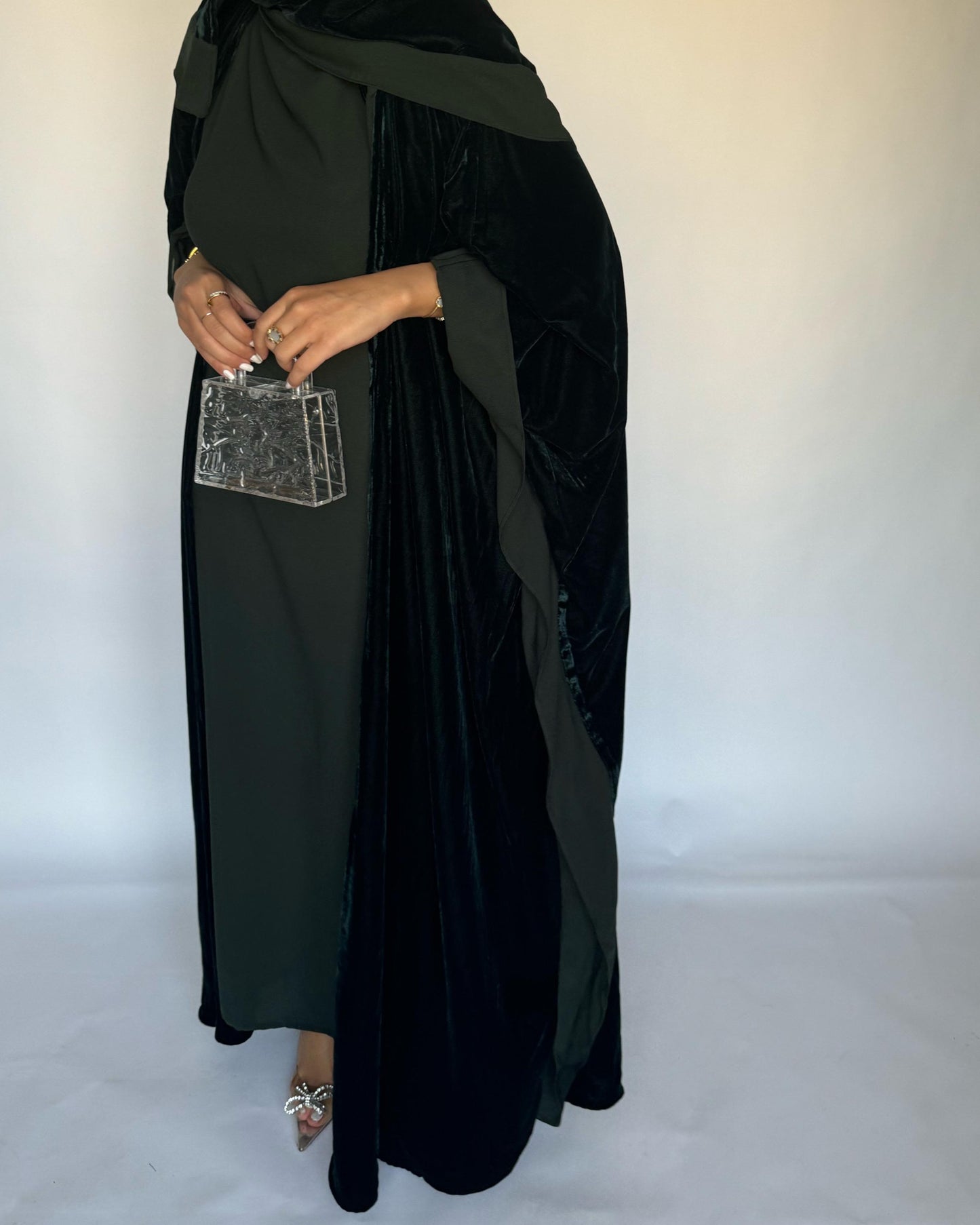 A139 - Green Velvet Abaya, Velvet Head Scarf & Chiffon Dress