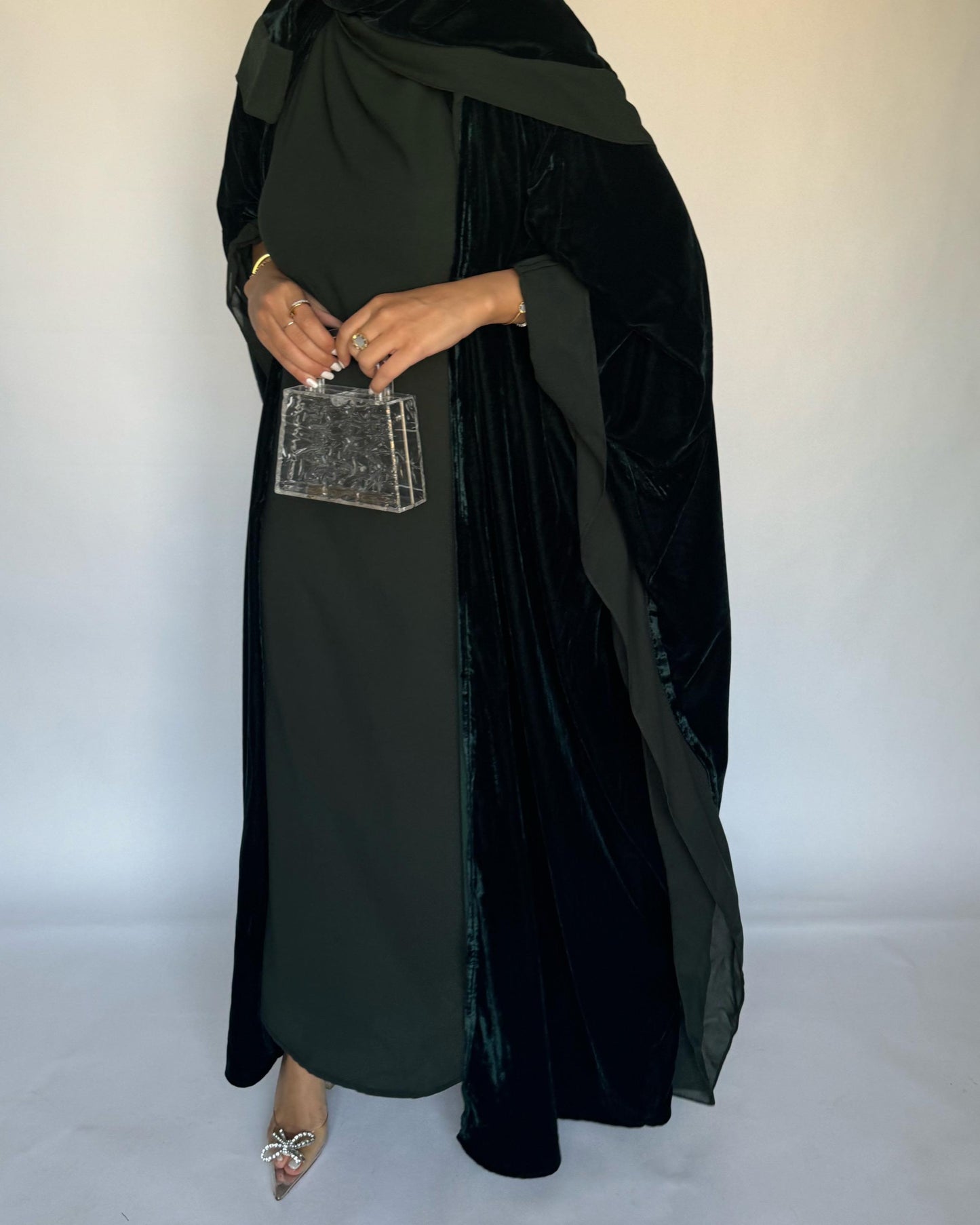 A139 - Green Velvet Abaya, Velvet Head Scarf & Chiffon Dress