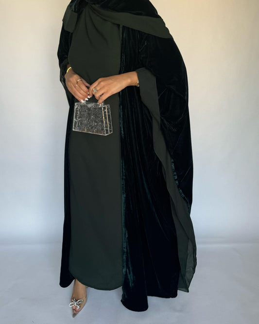 A139 - Green Velvet Abaya, Velvet Head Scarf & Chiffon Dress