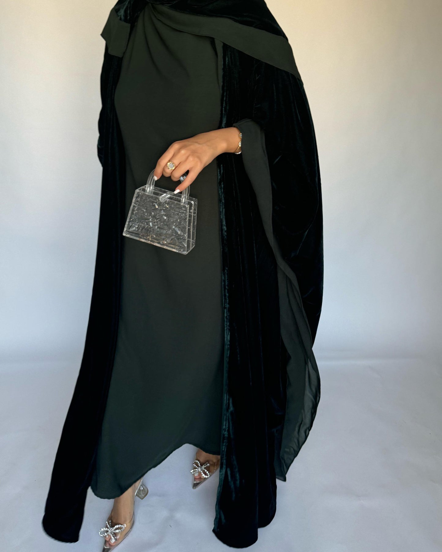 A139 - Green Velvet Abaya, Velvet Head Scarf & Chiffon Dress