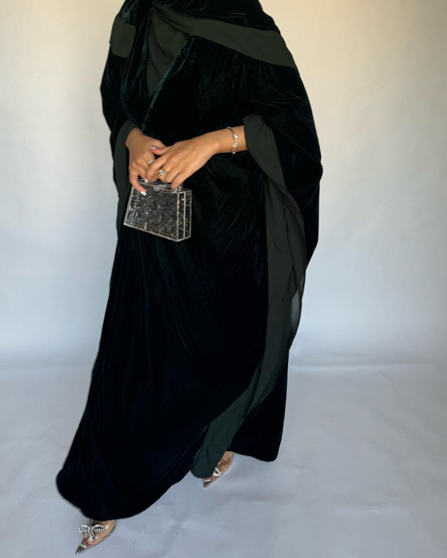 A139 - Green Velvet Abaya, Velvet Head Scarf & Chiffon Dress