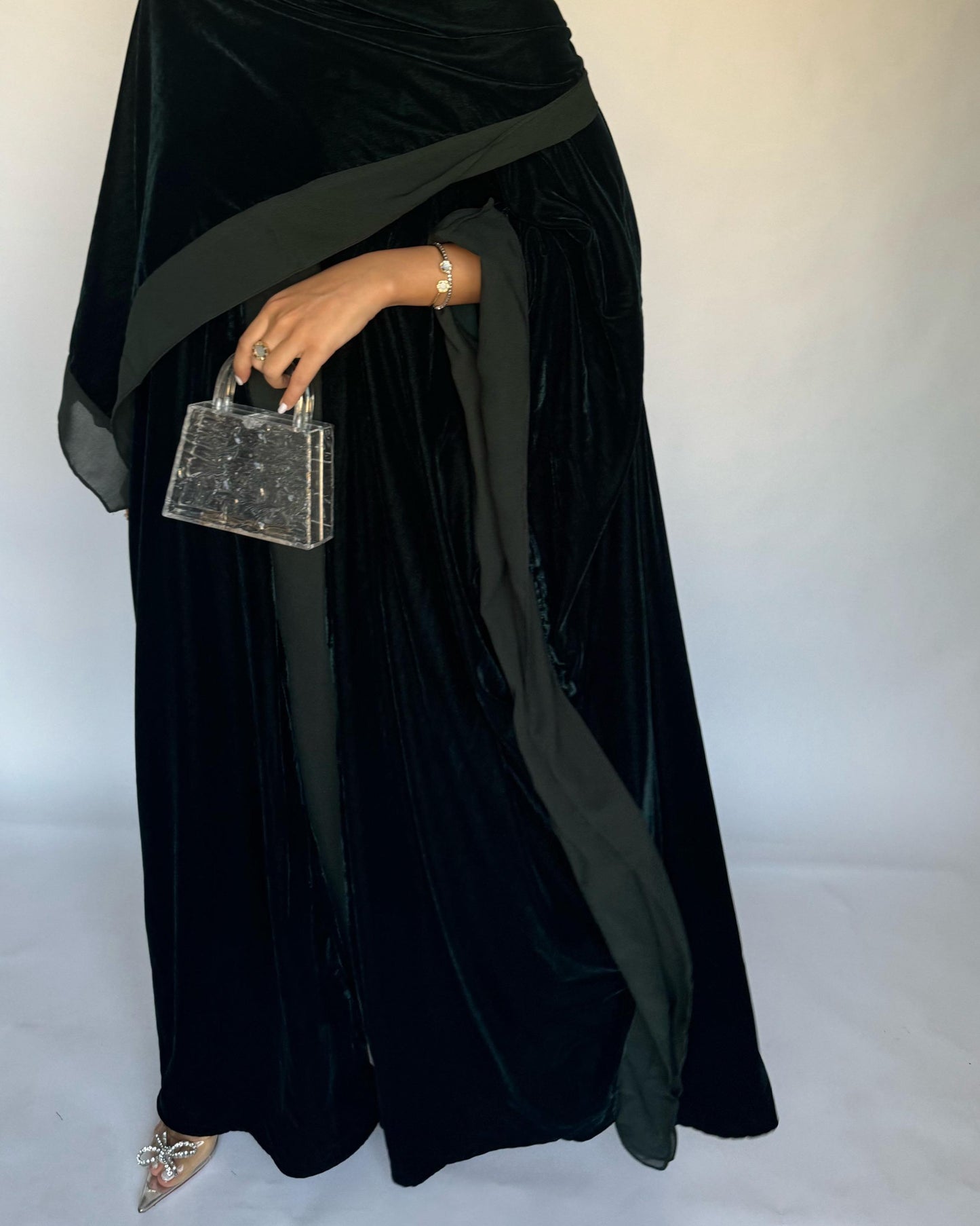 A139 - Green Velvet Abaya, Velvet Head Scarf & Chiffon Dress