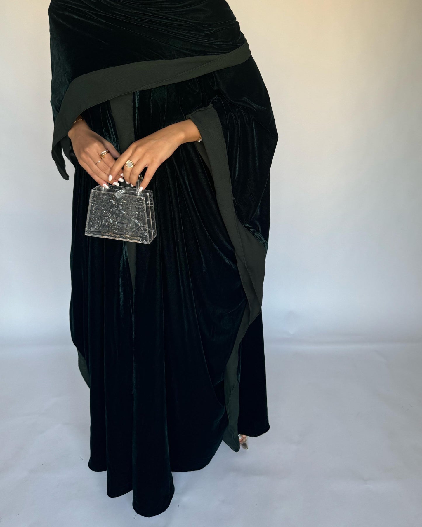 A139 - Green Velvet Abaya, Velvet Head Scarf & Chiffon Dress