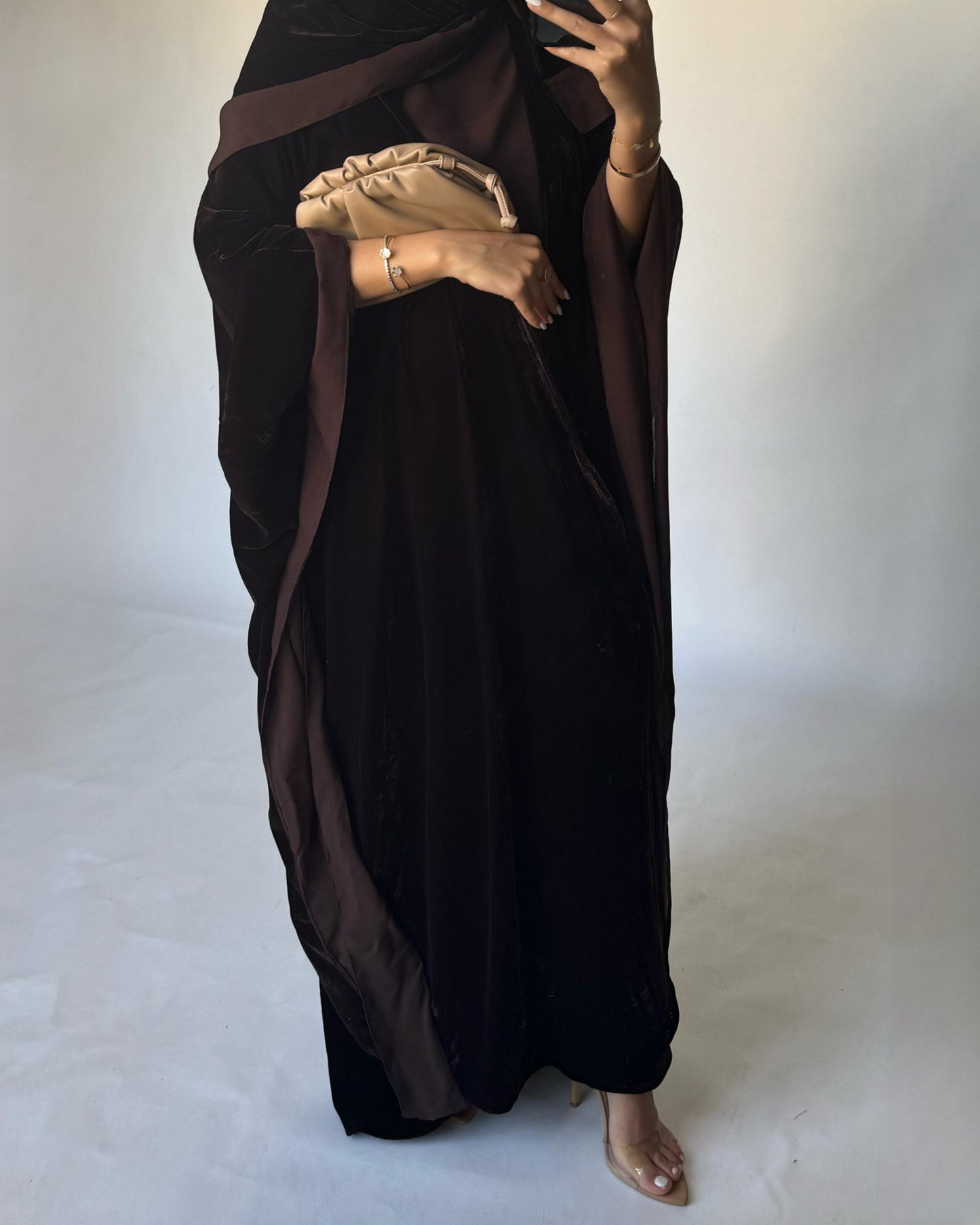 A294 - Brown Velvet Abaya, Velvet Head Scarf & Chiffon Dress