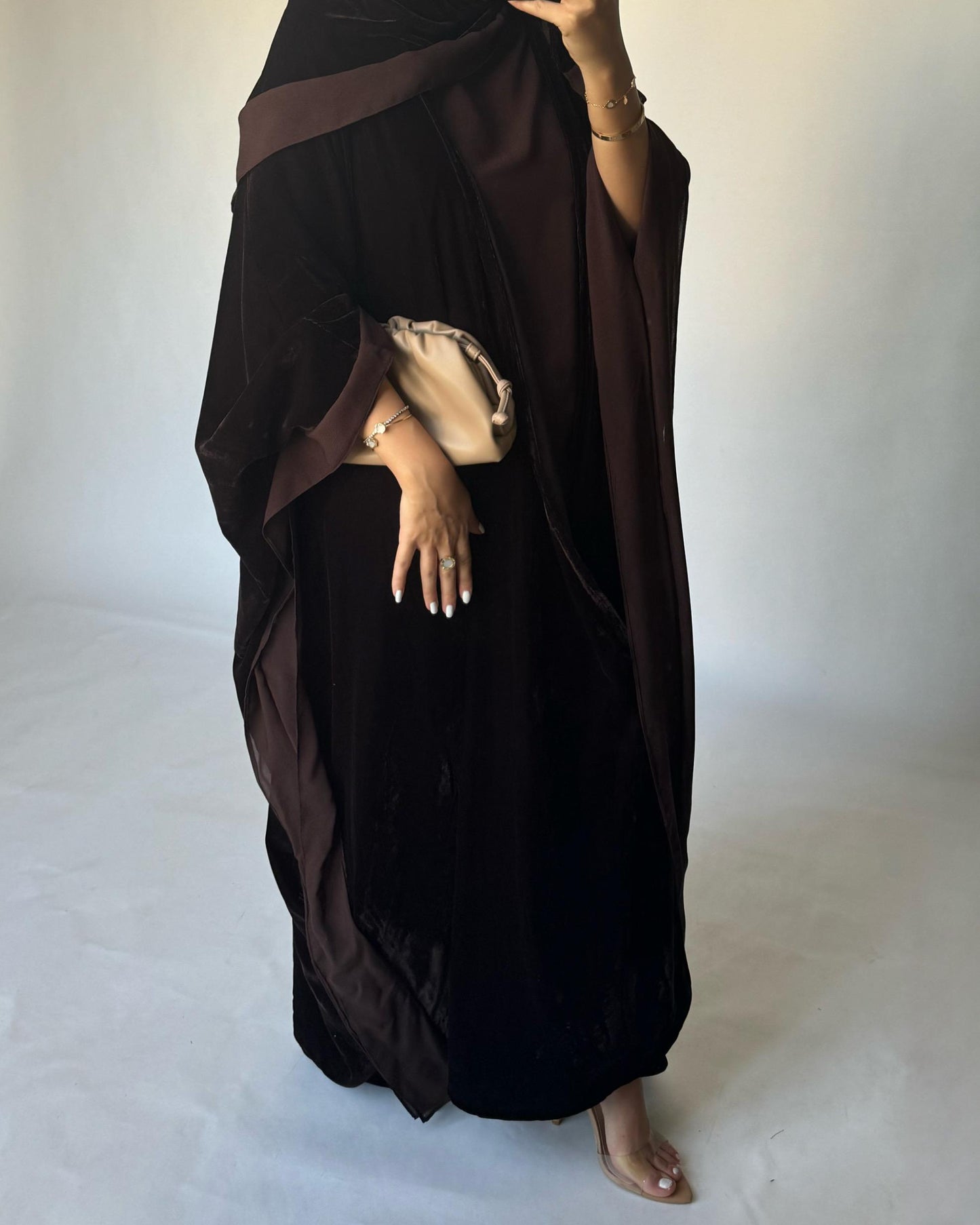 A294 - Brown Velvet Abaya, Velvet Head Scarf & Chiffon Dress