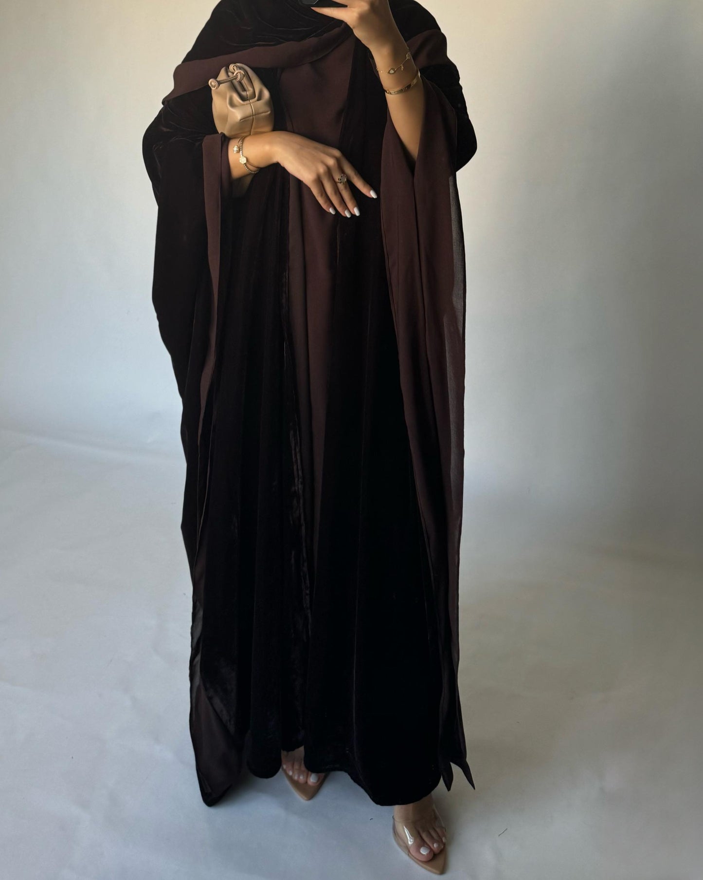 A294 - Brown Velvet Abaya, Velvet Head Scarf & Chiffon Dress