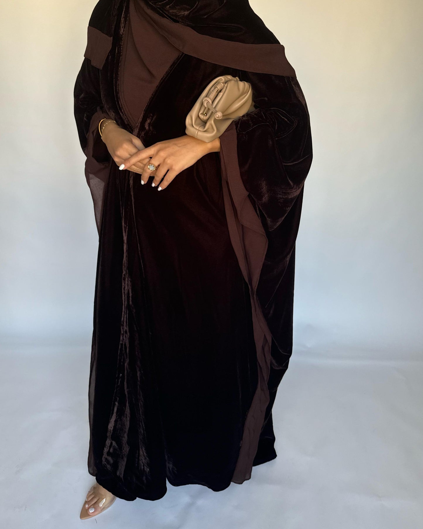 A294 - Brown Velvet Abaya, Velvet Head Scarf & Chiffon Dress