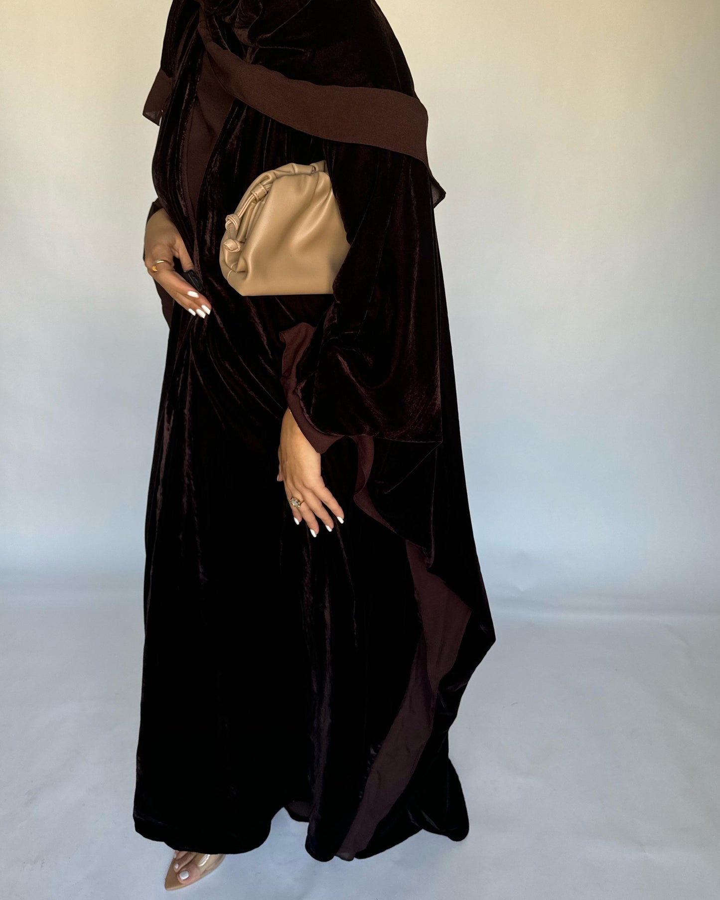 A294 - Brown Velvet Abaya, Velvet Head Scarf & Chiffon Dress