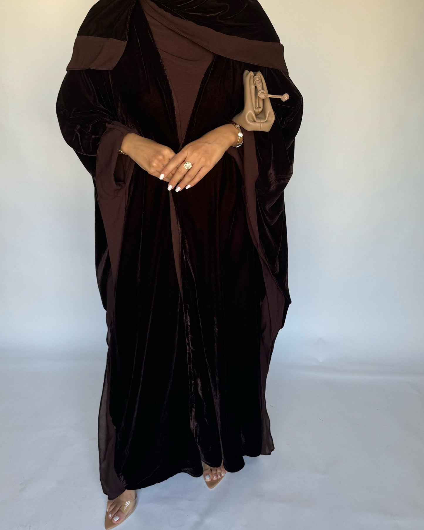 A294 - Brown Velvet Abaya, Velvet Head Scarf & Chiffon Dress