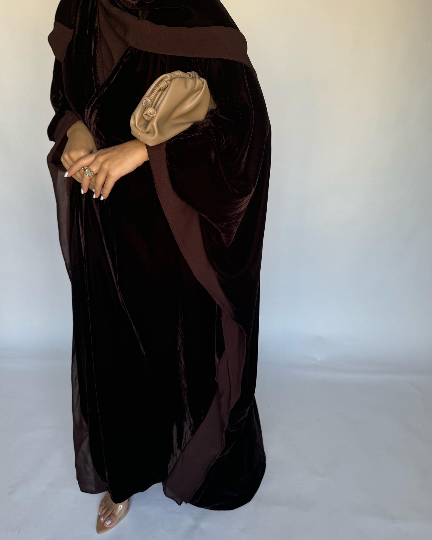 A294 - Brown Velvet Abaya, Velvet Head Scarf & Chiffon Dress