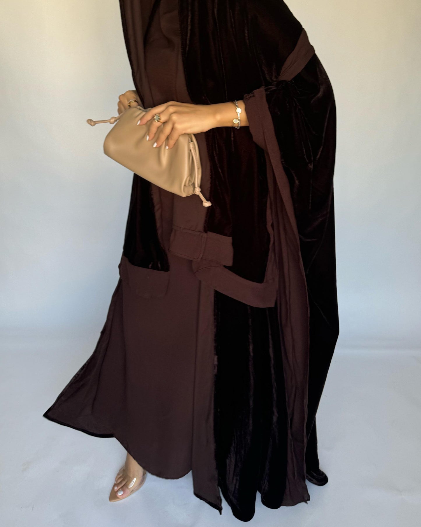 A294 - Brown Velvet Abaya, Velvet Head Scarf & Chiffon Dress