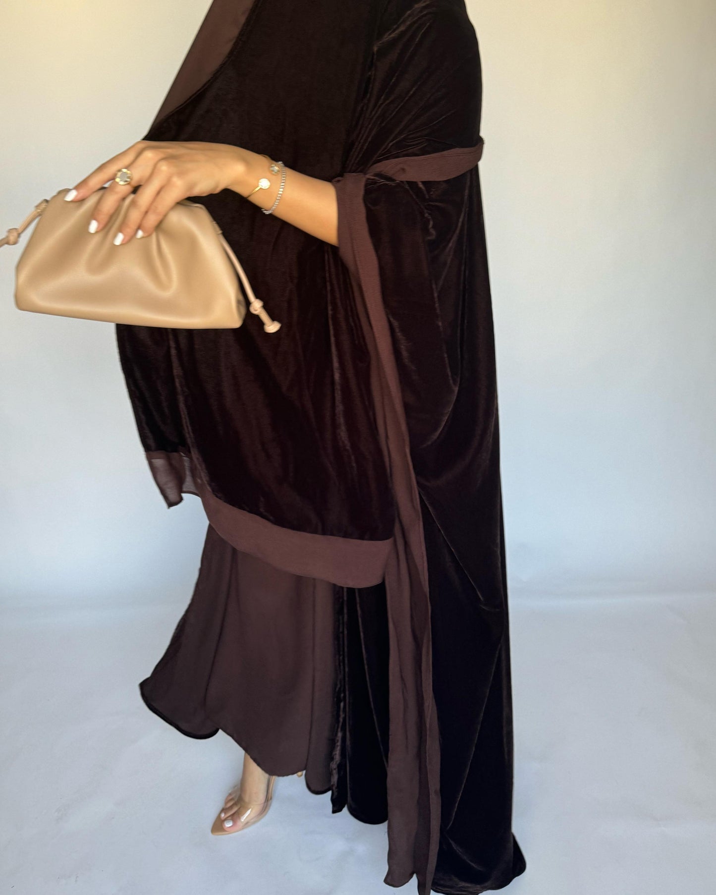 A294 - Brown Velvet Abaya, Velvet Head Scarf & Chiffon Dress