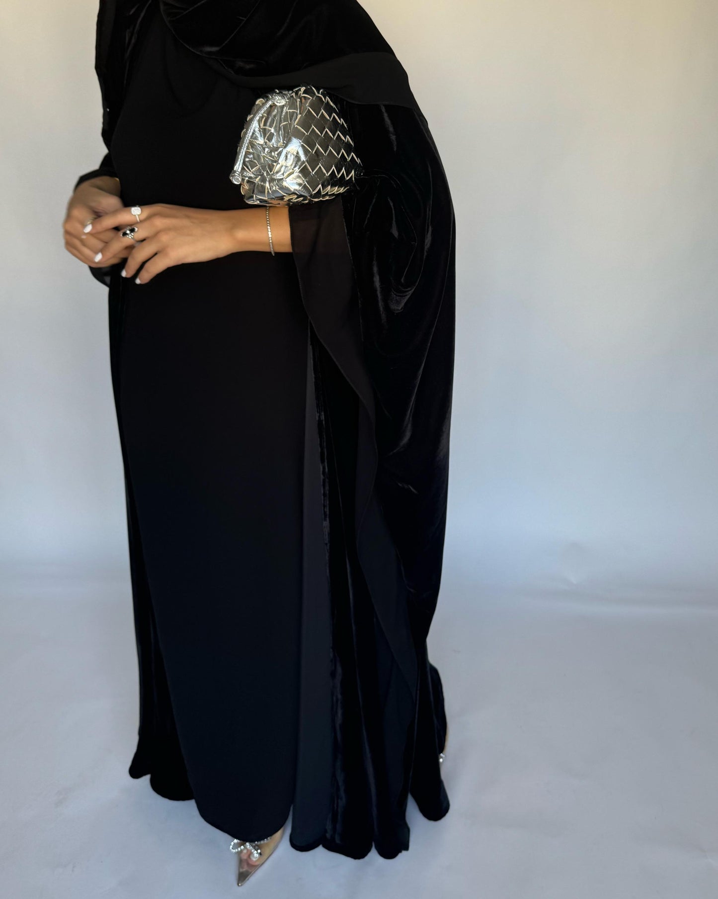 A140 - Black Velvet Abaya, Velvet Head Scarf & Chiffon Dress