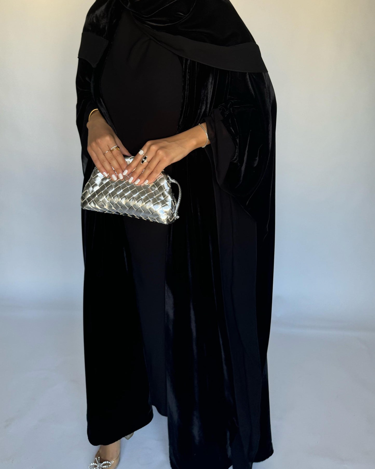 A140 - Black Velvet Abaya, Velvet Head Scarf & Chiffon Dress