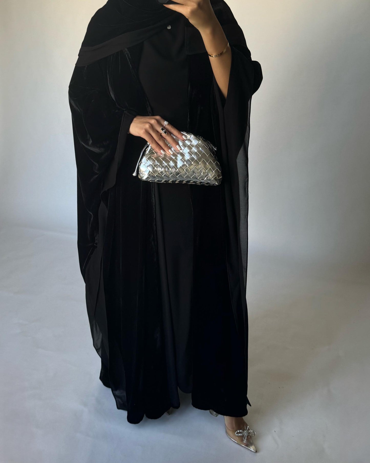 A140 - Black Velvet Abaya, Velvet Head Scarf & Chiffon Dress