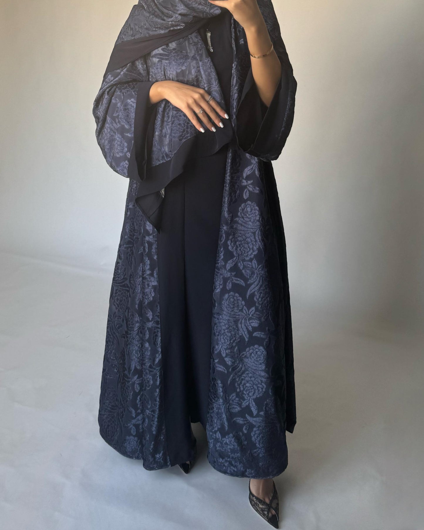 A295 - Blue Velvet Pattern A-Cut Abaya & Velvet Head Scarf