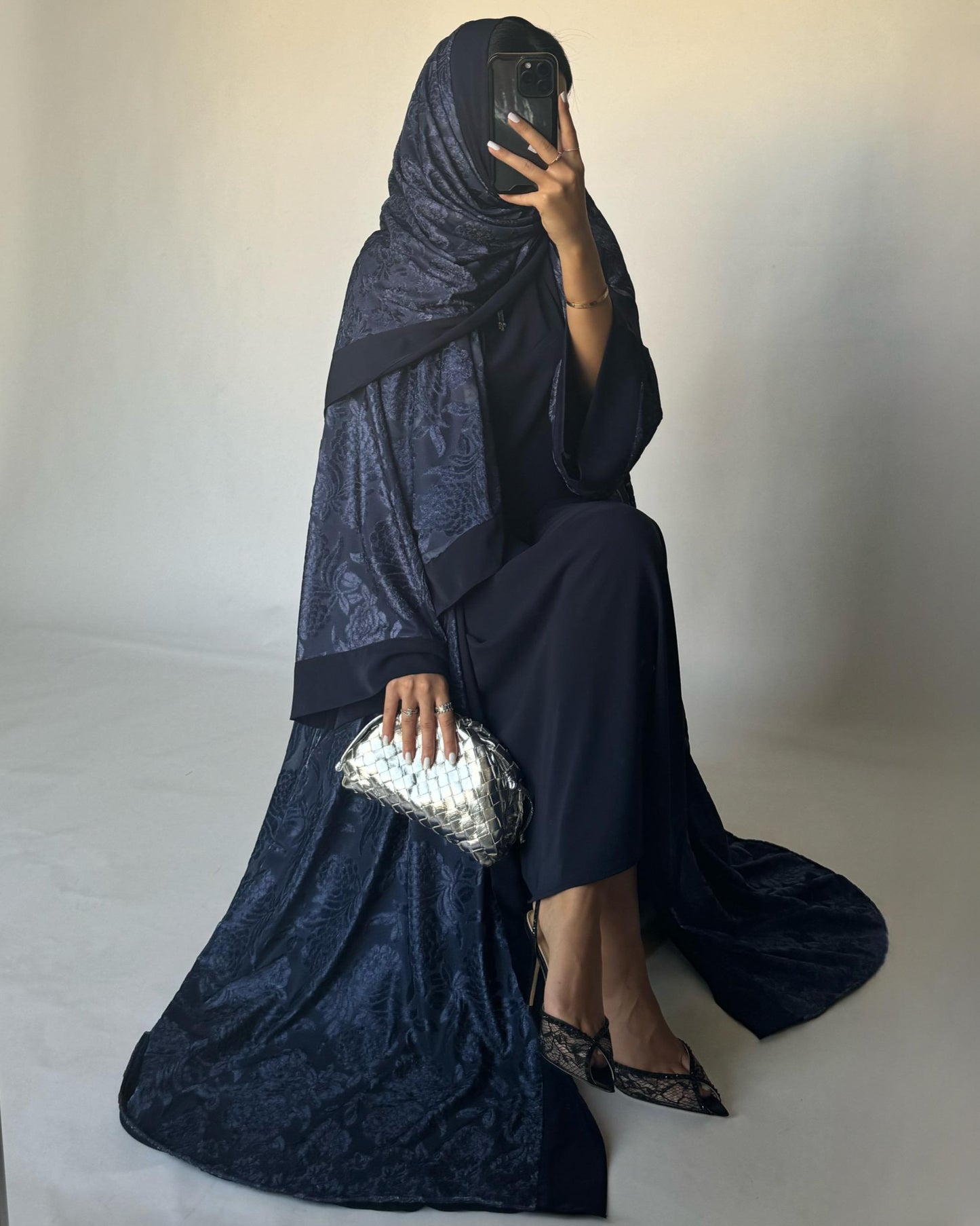 A295 - Blue Velvet Pattern A-Cut Abaya & Velvet Head Scarf