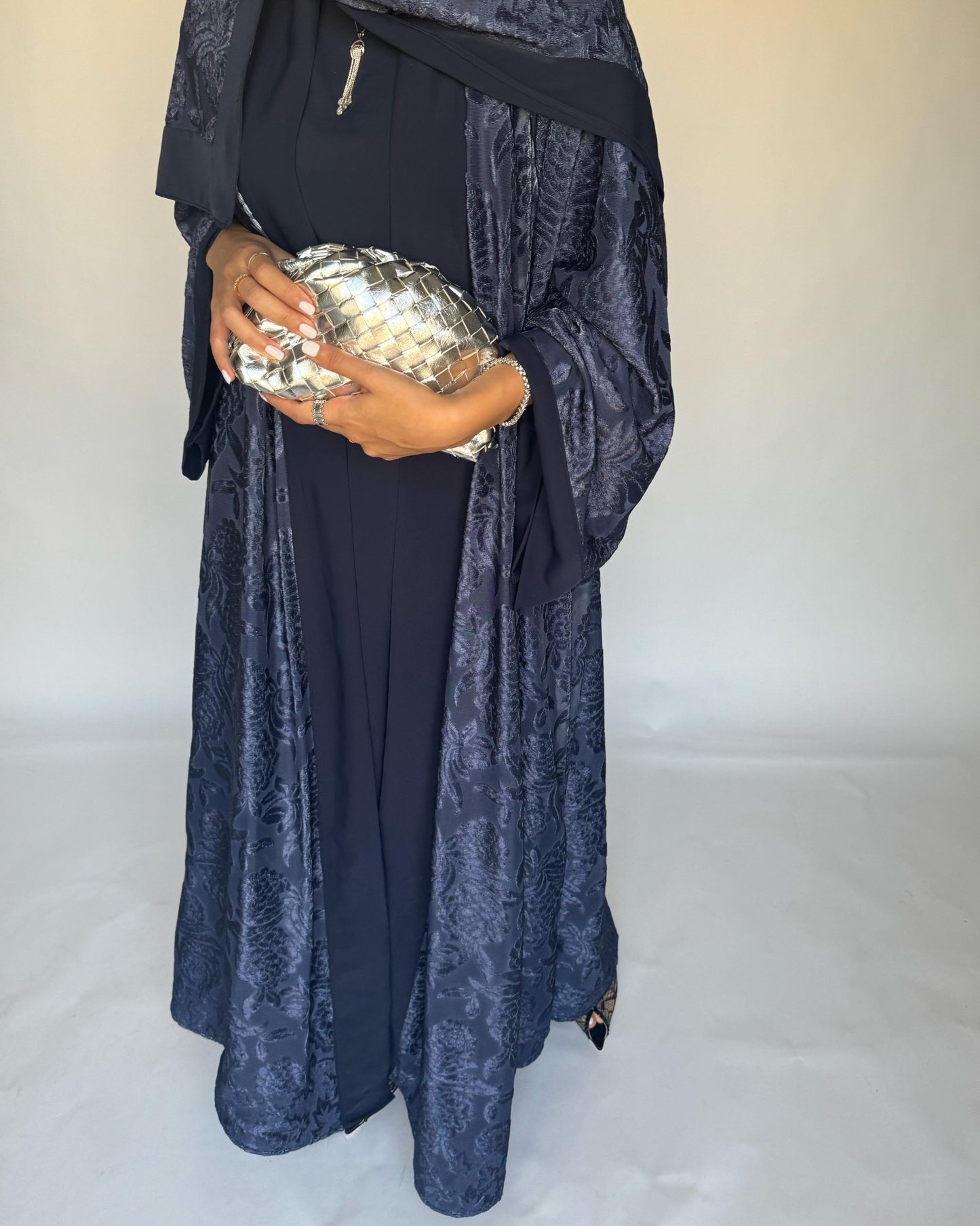 A295 - Blue Velvet Pattern A-Cut Abaya & Velvet Head Scarf