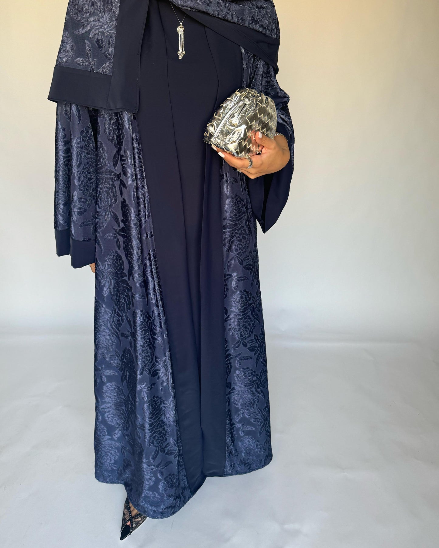 A295 - Blue Velvet Pattern A-Cut Abaya & Velvet Head Scarf