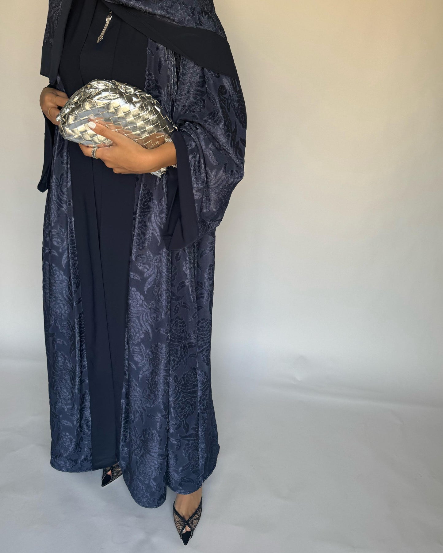 A295 - Blue Velvet Pattern A-Cut Abaya & Velvet Head Scarf