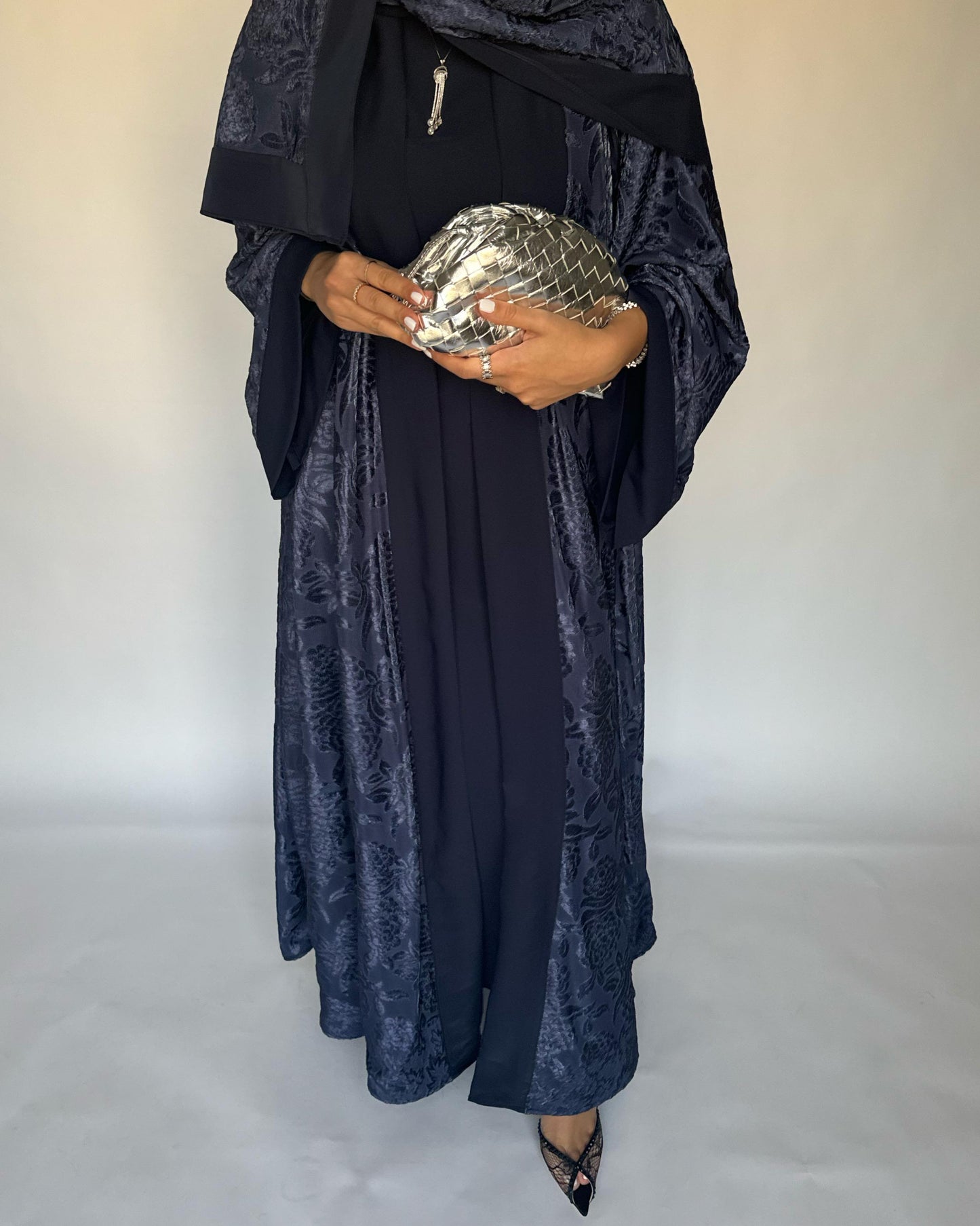 A295 - Blue Velvet Pattern A-Cut Abaya & Velvet Head Scarf