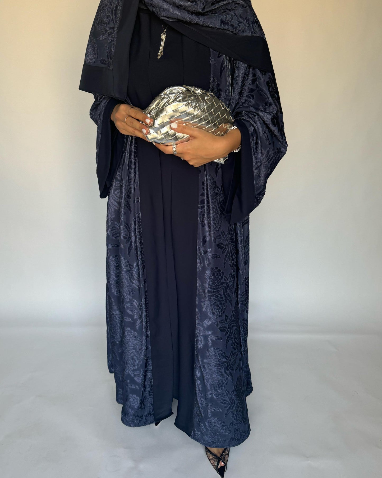 A295 - Blue Velvet Pattern A-Cut Abaya & Velvet Head Scarf