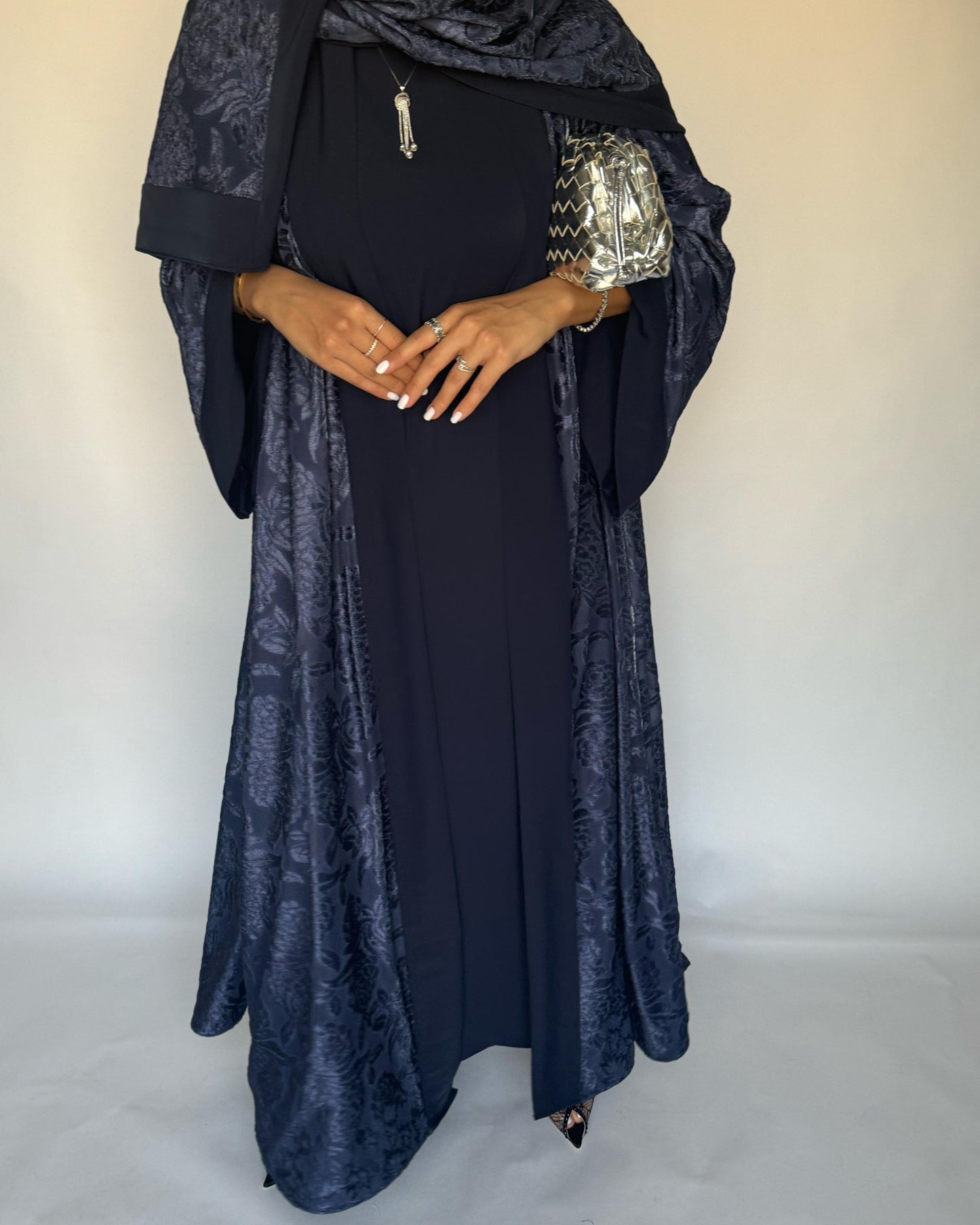 A295 - Blue Velvet Pattern A-Cut Abaya & Velvet Head Scarf